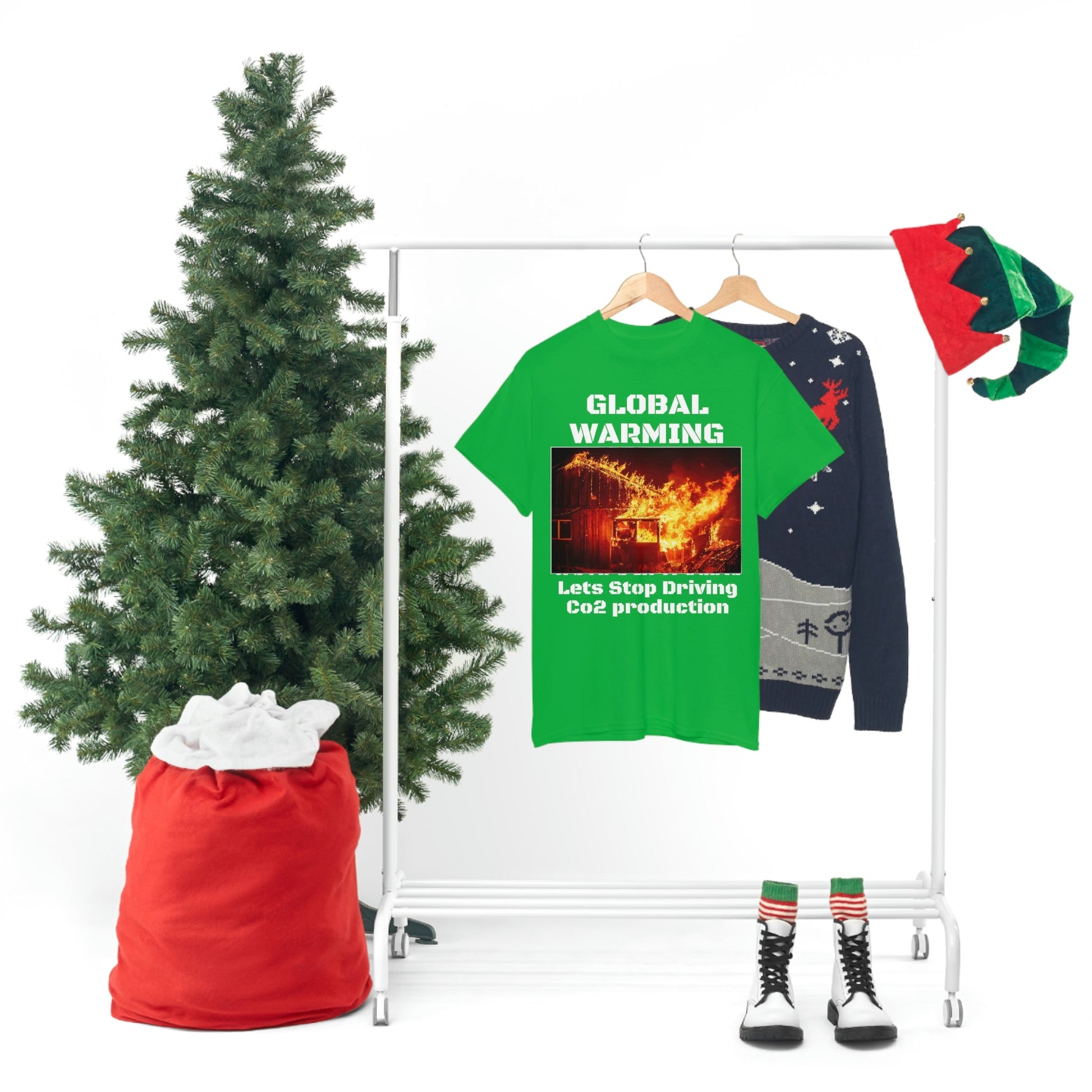 Global Warming - Unisex Heavy Cotton Tee - Quality Gildan 5000 - With Keeling CO2 Chart and Images of Weather Extremes - Lets Stop Driving - Green Forest Home