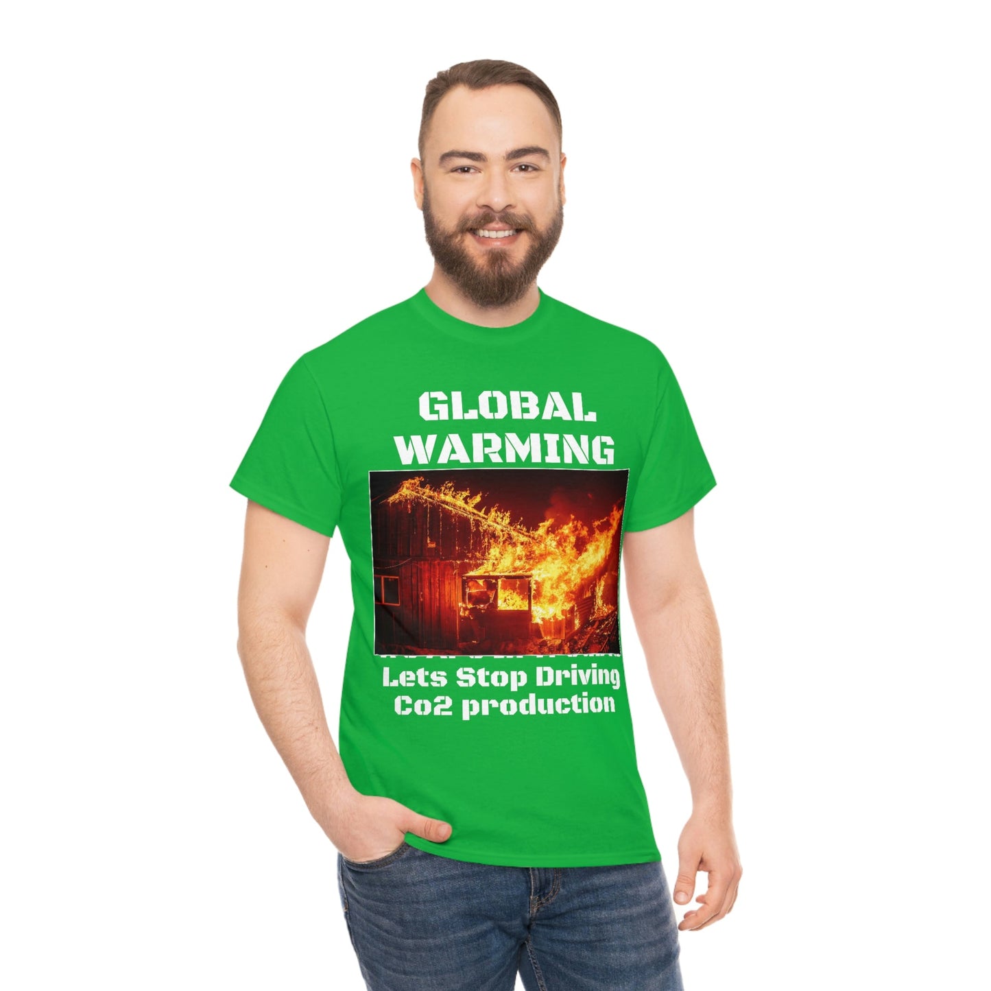 Global Warming - Unisex Heavy Cotton Tee - Quality Gildan 5000 - With Keeling CO2 Chart and Images of Weather Extremes - Lets Stop Driving - Green Forest Home