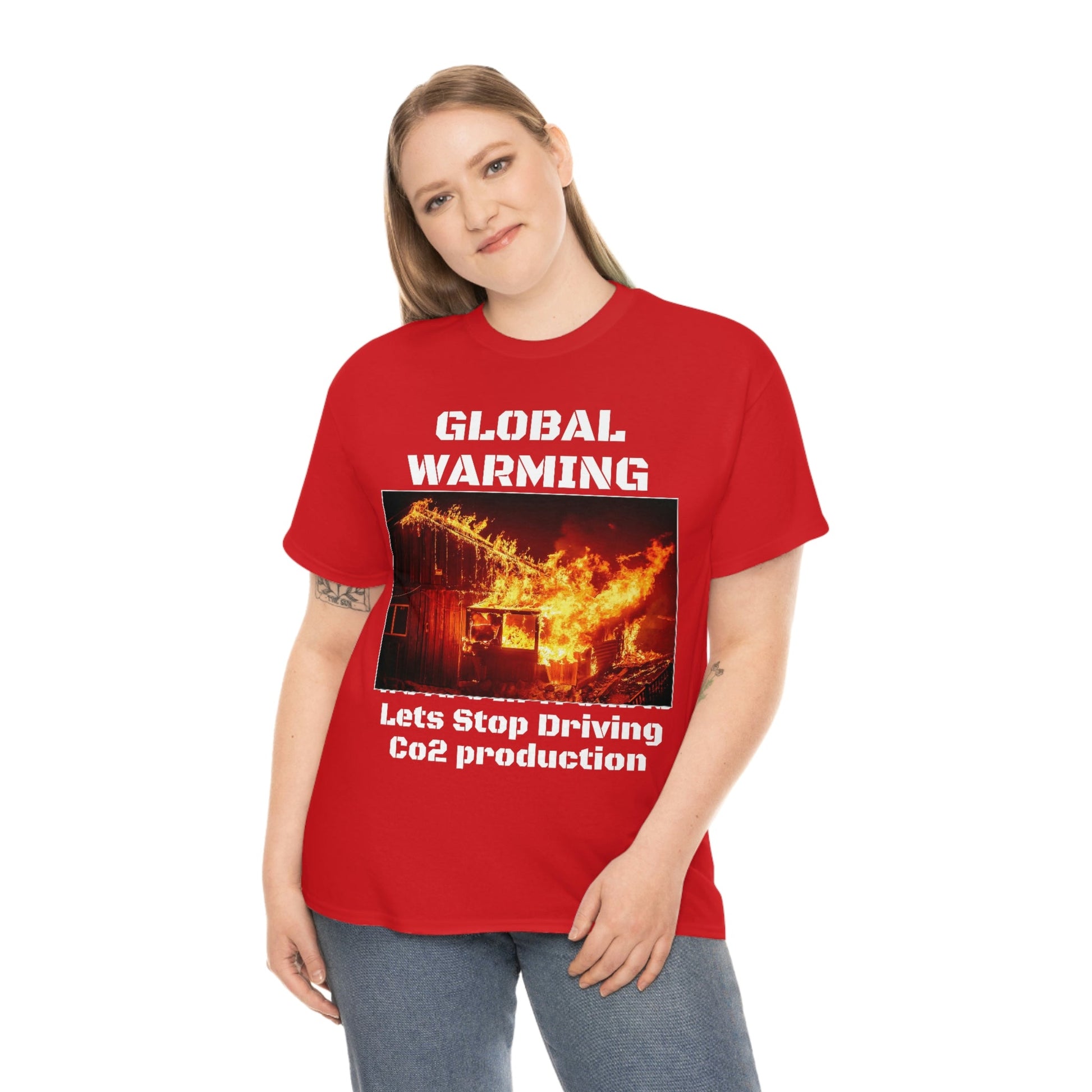 Global Warming - Unisex Heavy Cotton Tee - Quality Gildan 5000 - With Keeling CO2 Chart and Images of Weather Extremes - Lets Stop Driving - Green Forest Home