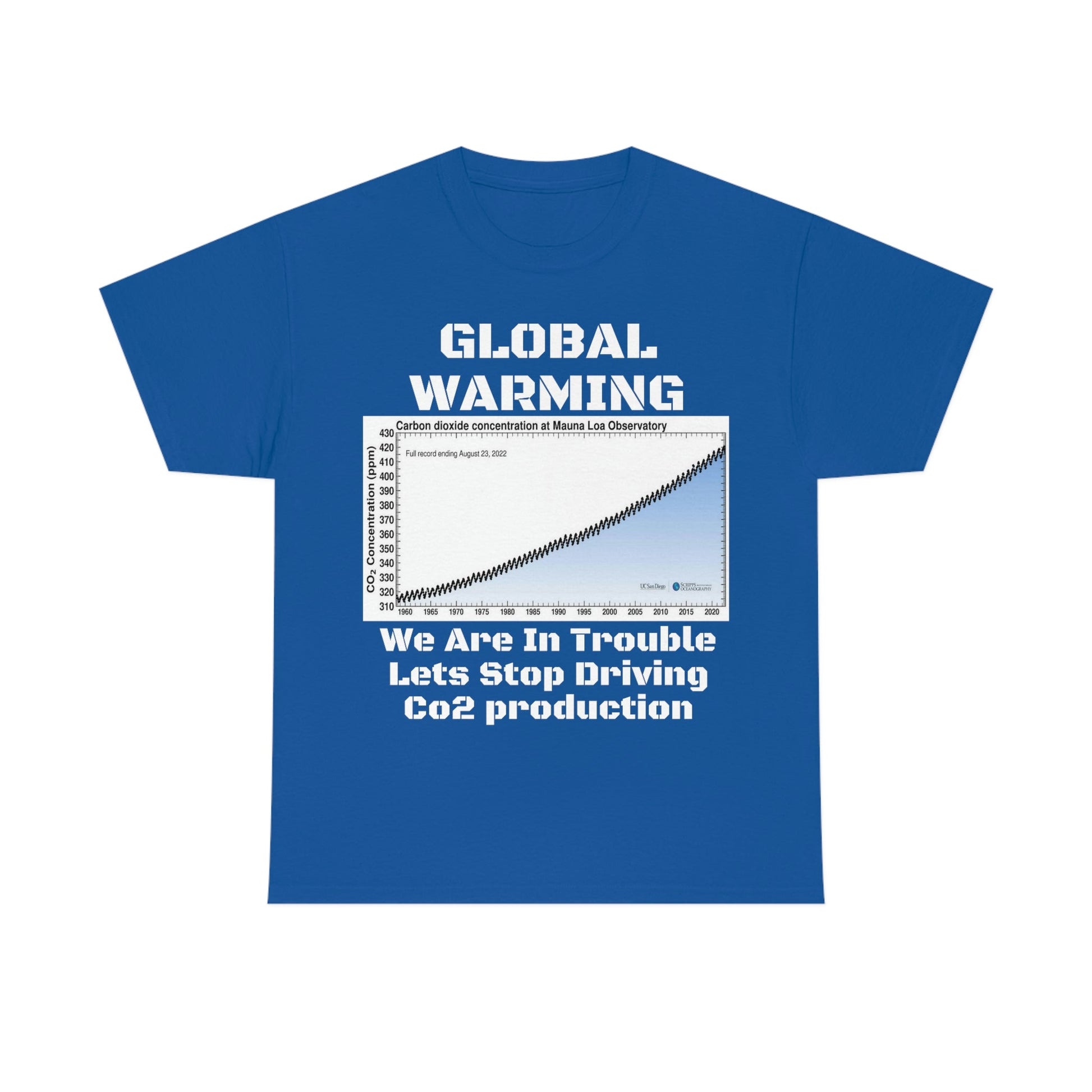 Global Warming - Unisex Heavy Cotton Tee - Quality Gildan 5000 - With Keeling CO2 Chart and Images of Weather Extremes - Lets Stop Driving - Green Forest Home