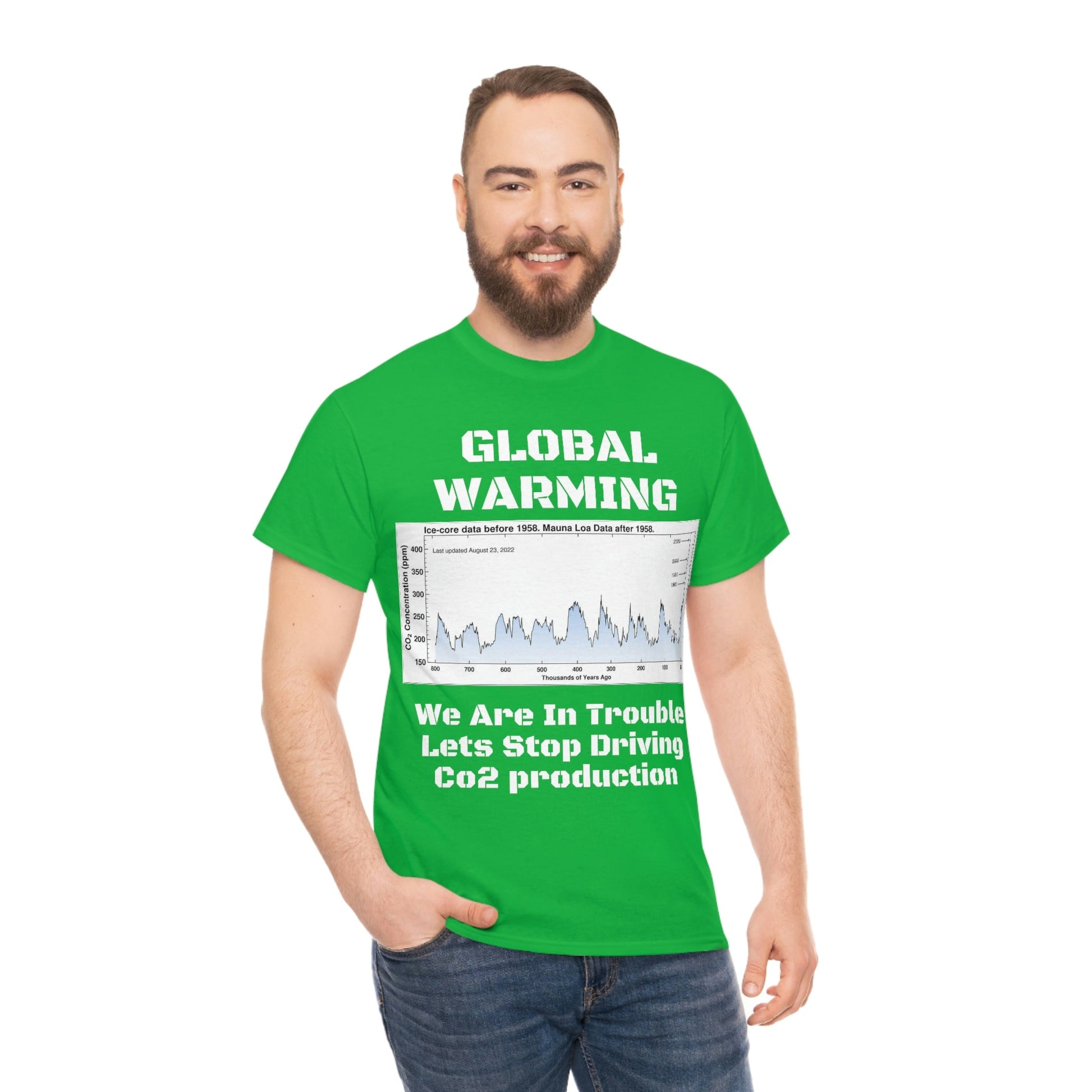 Global Warming - Unisex Heavy Cotton Tee - Quality Gildan 5000 - With Keeling CO2 Chart and Images of Weather Extremes - Lets Stop Driving - Green Forest Home