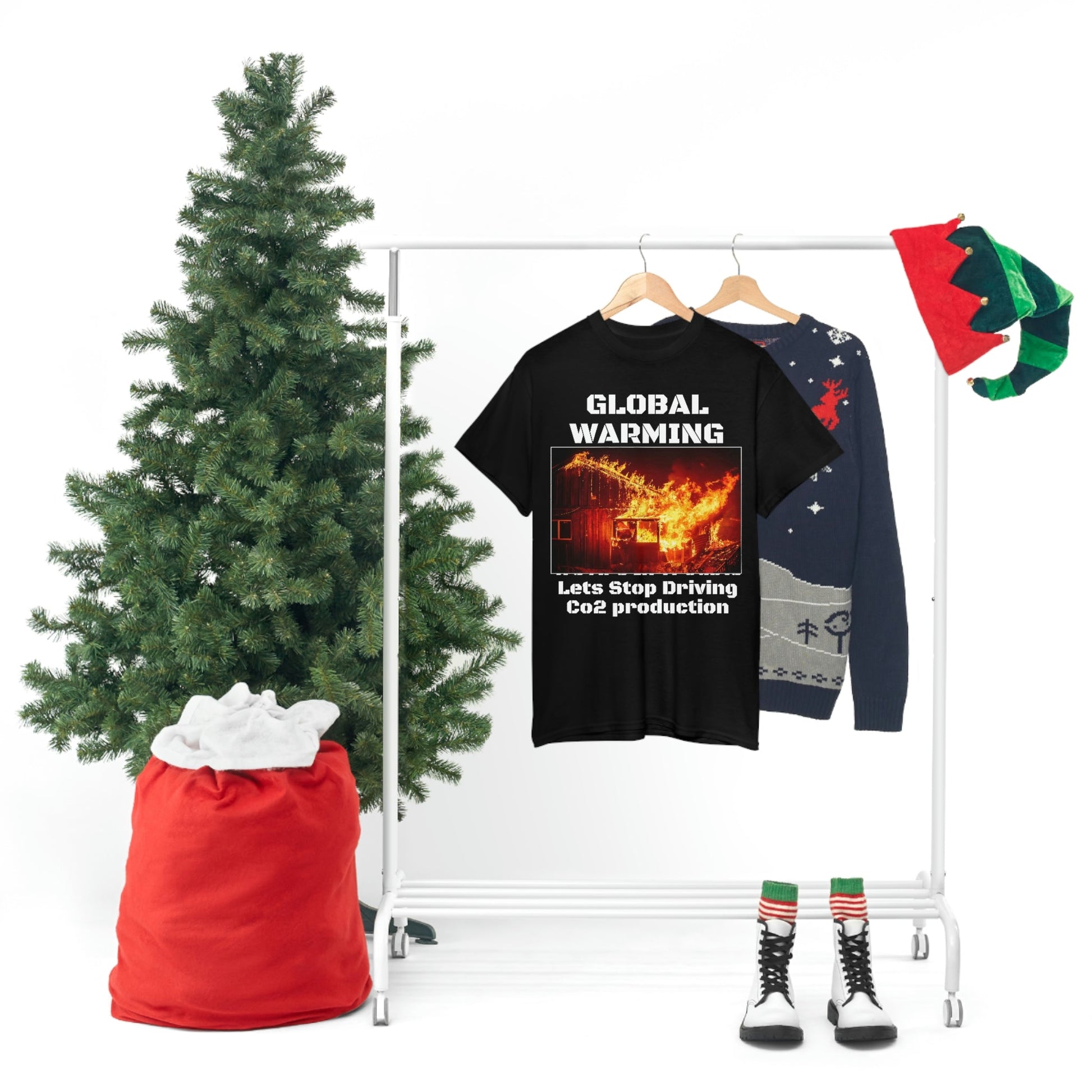 Global Warming - Unisex Heavy Cotton Tee - Quality Gildan 5000 - With Keeling CO2 Chart and Images of Weather Extremes - Lets Stop Driving - Green Forest Home