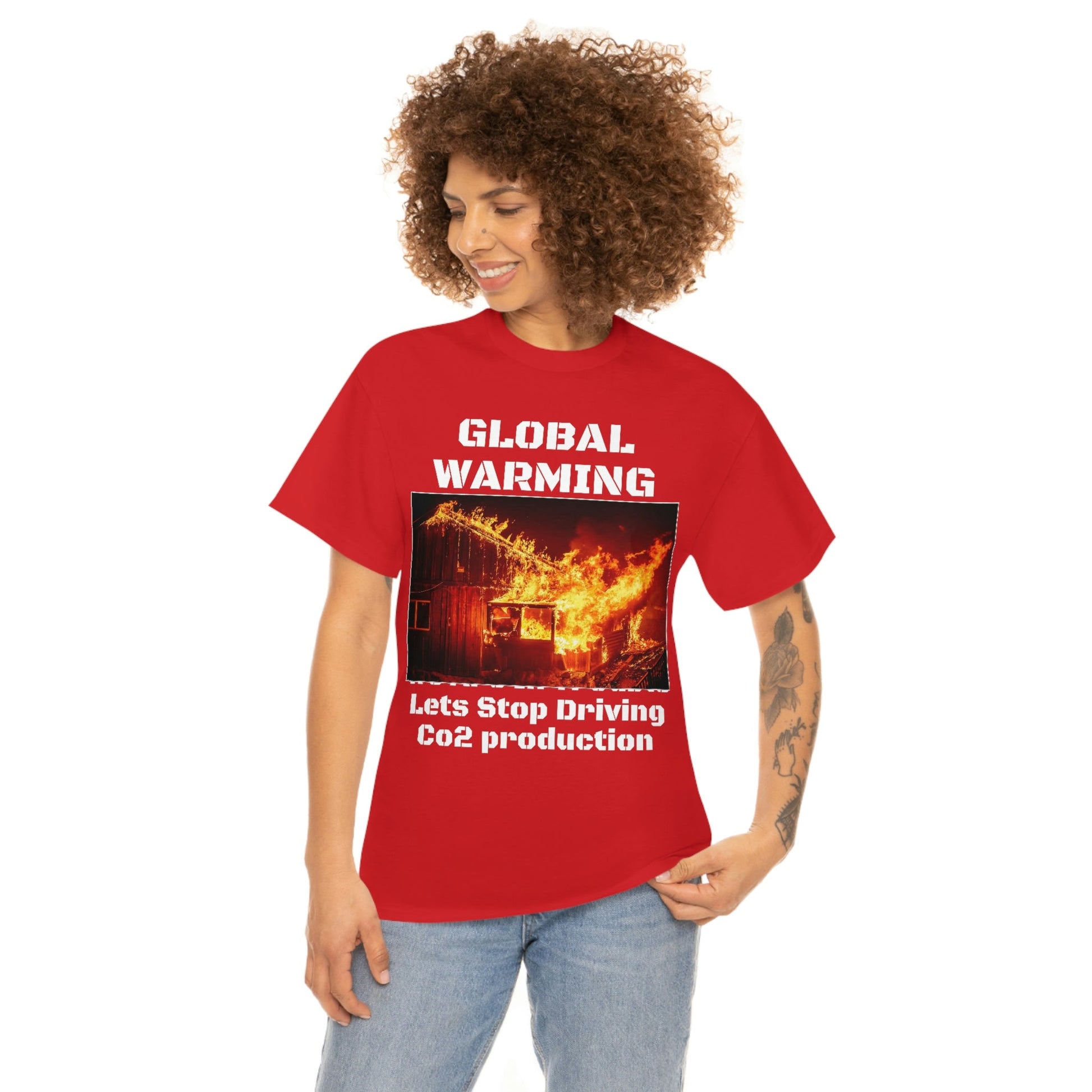 Global Warming - Unisex Heavy Cotton Tee - Quality Gildan 5000 - With Keeling CO2 Chart and Images of Weather Extremes - Lets Stop Driving - Green Forest Home