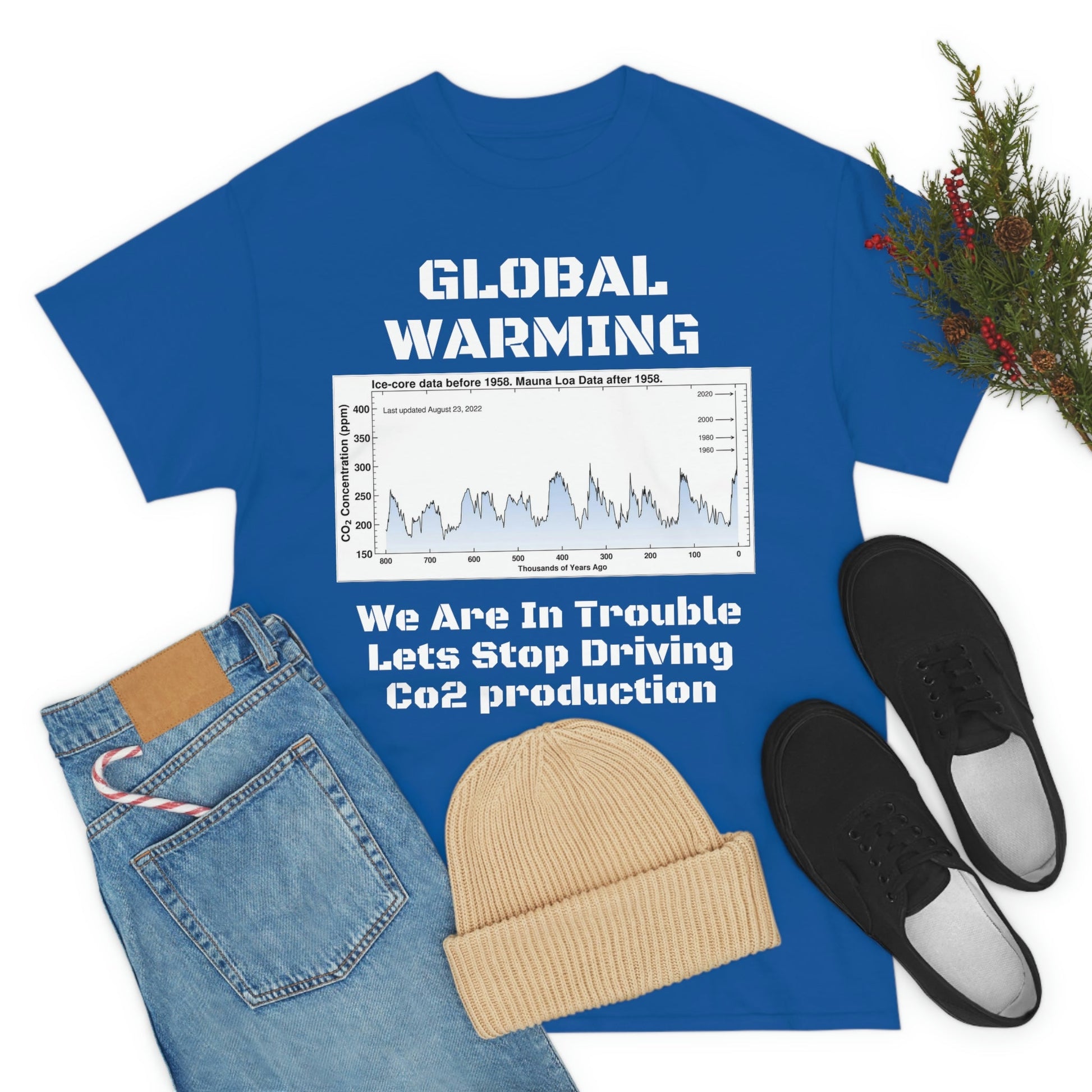 Global Warming - Unisex Heavy Cotton Tee - Quality Gildan 5000 - With Keeling CO2 Chart and Images of Weather Extremes - Lets Stop Driving - Green Forest Home