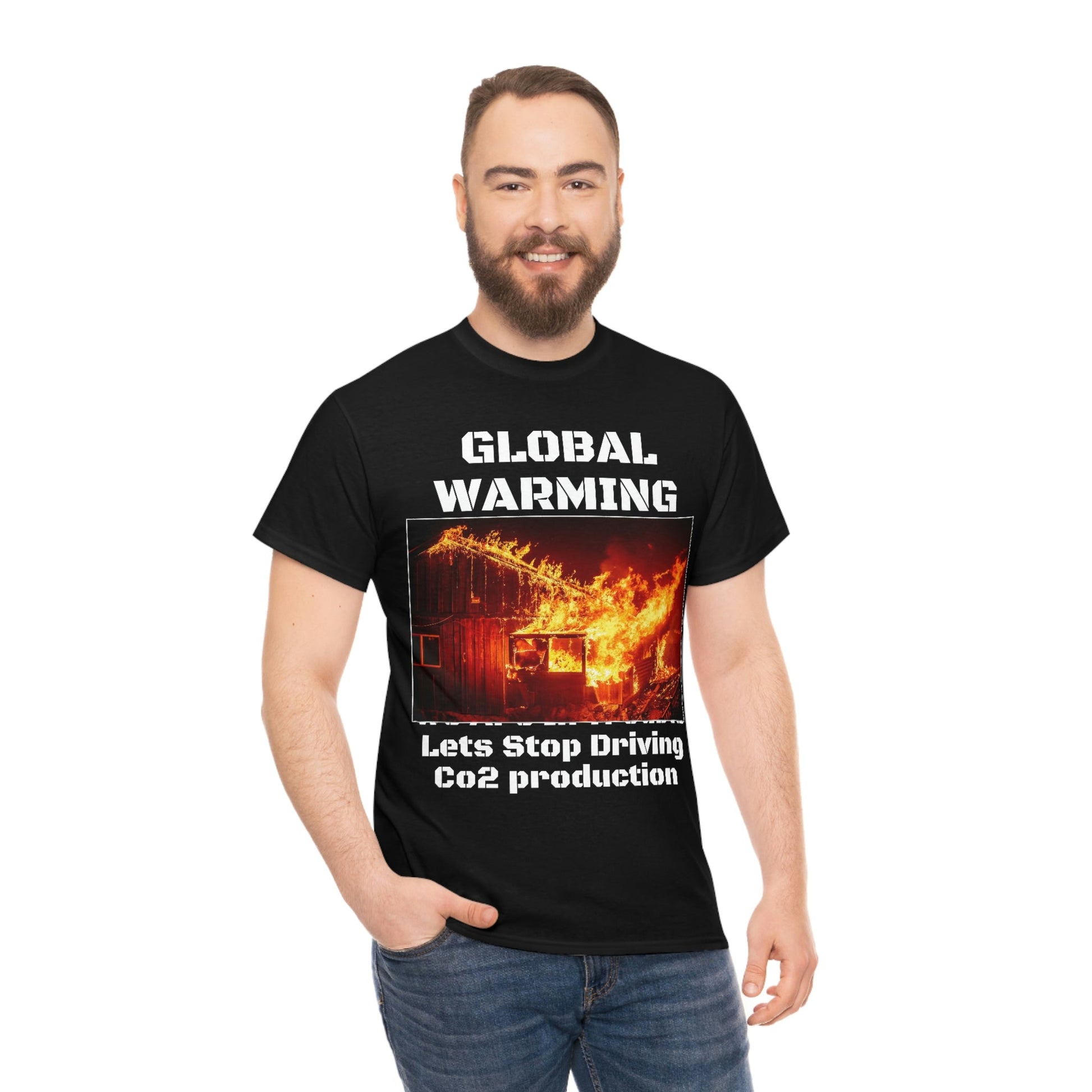 Global Warming - Unisex Heavy Cotton Tee - Quality Gildan 5000 - With Keeling CO2 Chart and Images of Weather Extremes - Lets Stop Driving - Green Forest Home