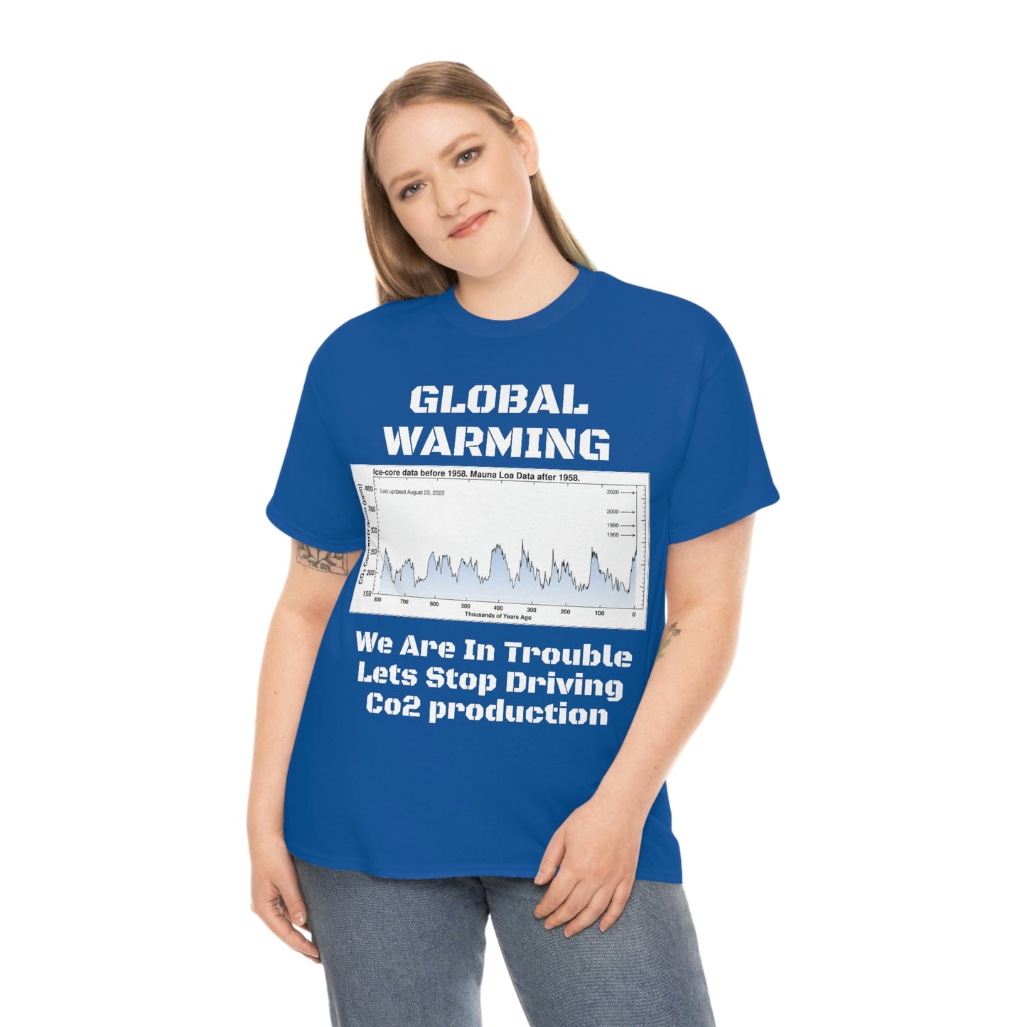 Global Warming - Unisex Heavy Cotton Tee - Quality Gildan 5000 - With Keeling CO2 Chart and Images of Weather Extremes - Lets Stop Driving - Green Forest Home