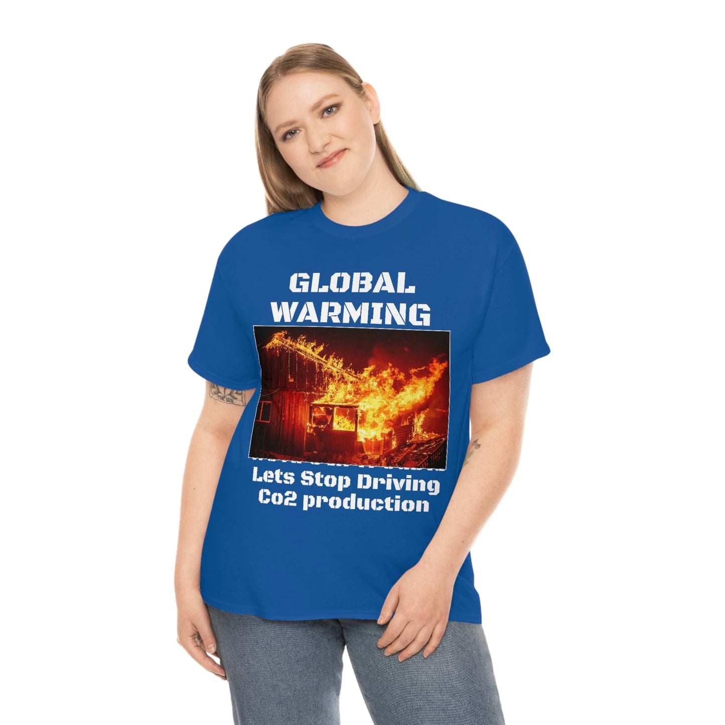 Global Warming - Unisex Heavy Cotton Tee - Quality Gildan 5000 - With Keeling CO2 Chart and Images of Weather Extremes - Lets Stop Driving - Green Forest Home