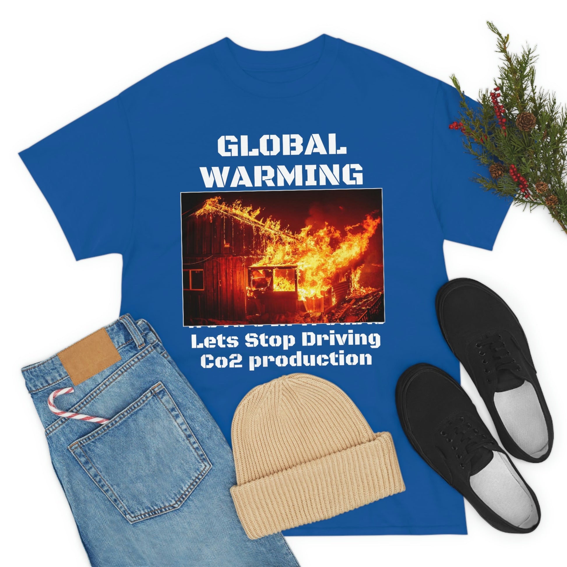 Global Warming - Unisex Heavy Cotton Tee - Quality Gildan 5000 - With Keeling CO2 Chart and Images of Weather Extremes - Lets Stop Driving - Green Forest Home