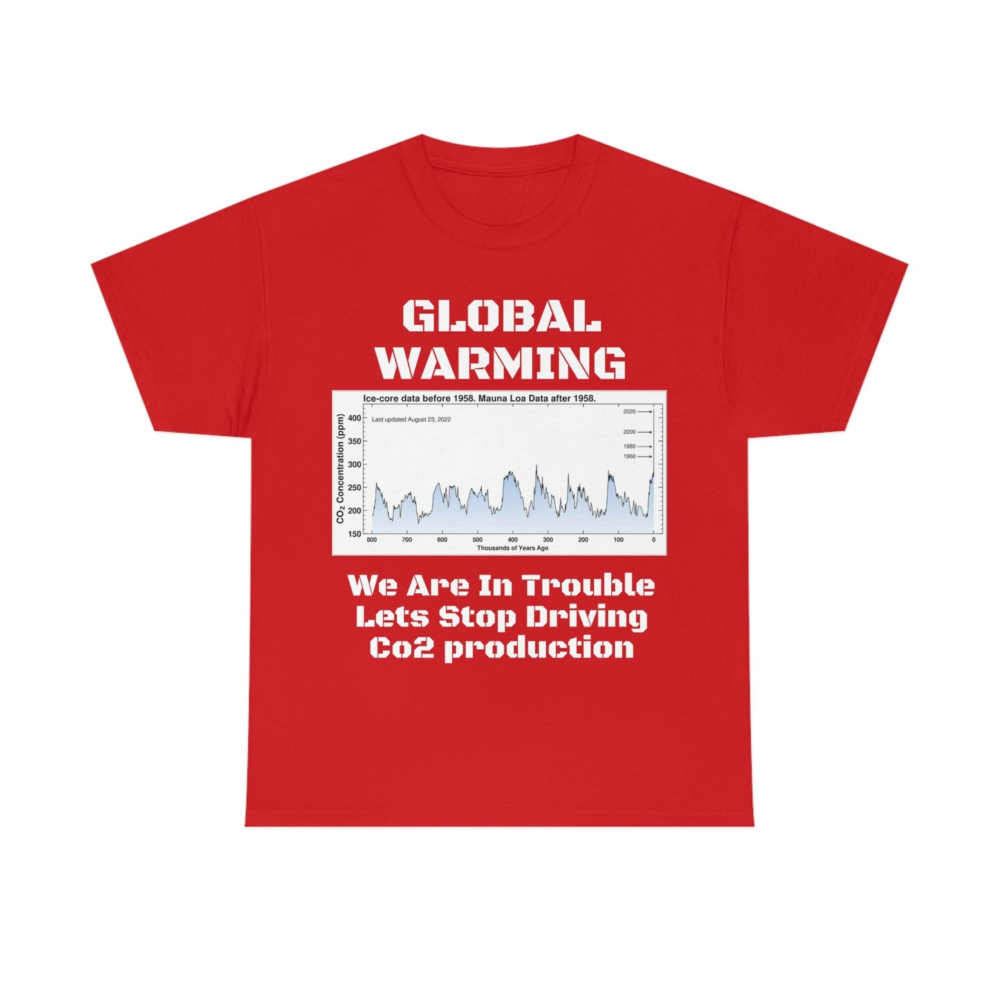 Global Warming - Unisex Heavy Cotton Tee - Quality Gildan 5000 - With Keeling CO2 Chart and Images of Weather Extremes - Lets Stop Driving - Green Forest Home