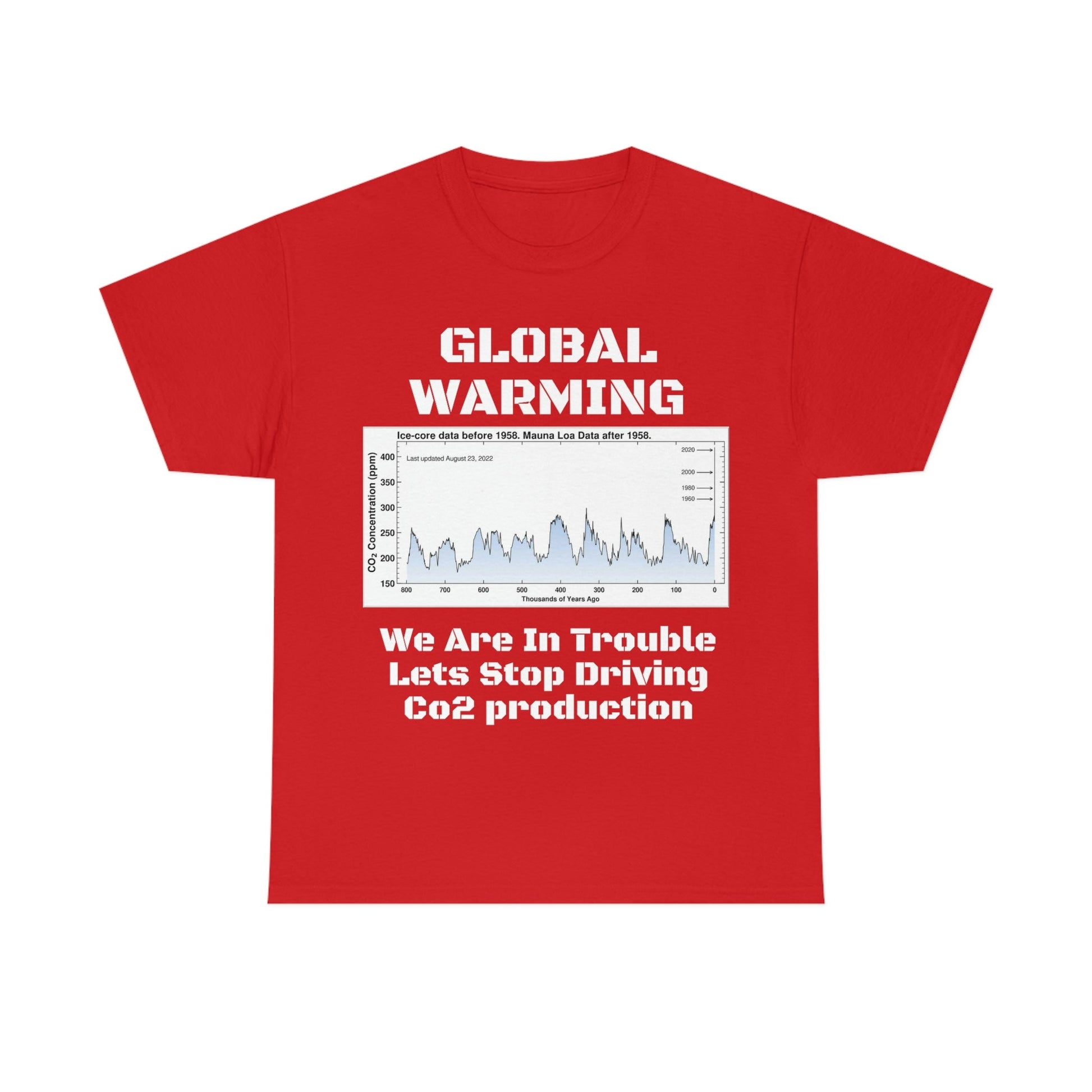 Global Warming - Unisex Heavy Cotton Tee - Quality Gildan 5000 - With Keeling CO2 Chart and Images of Weather Extremes - Lets Stop Driving - Green Forest Home