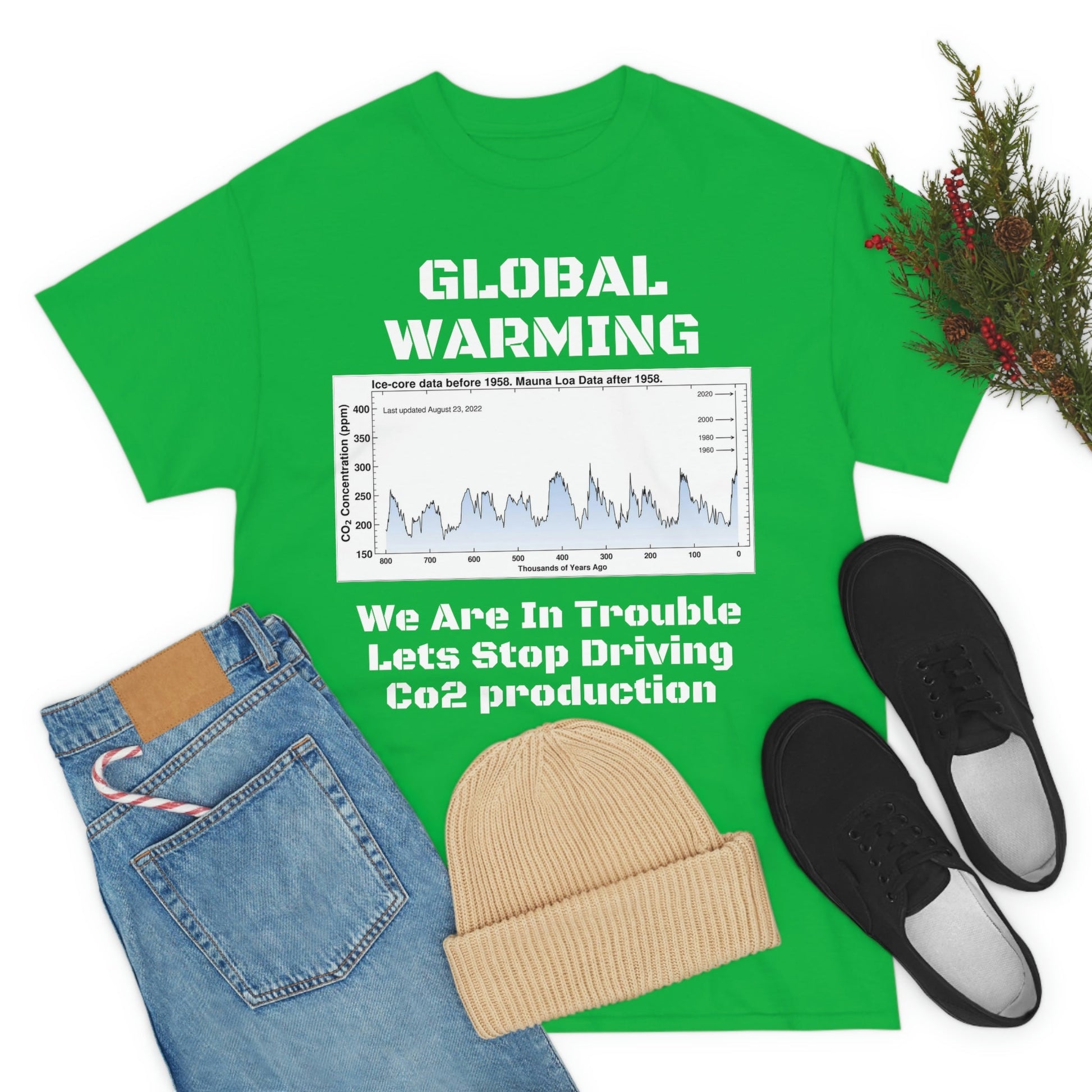 Global Warming - Unisex Heavy Cotton Tee - Quality Gildan 5000 - With Keeling CO2 Chart and Images of Weather Extremes - Lets Stop Driving - Green Forest Home