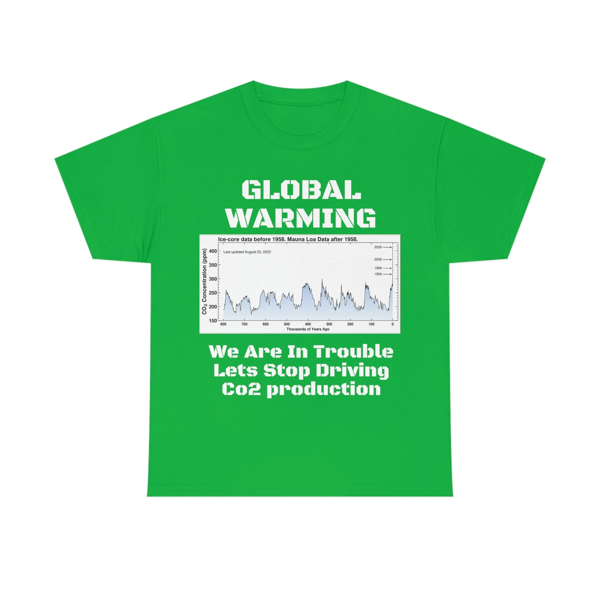 Global Warming - Unisex Heavy Cotton Tee - Quality Gildan 5000 - With Keeling CO2 Chart and Images of Weather Extremes - Lets Stop Driving - Green Forest Home