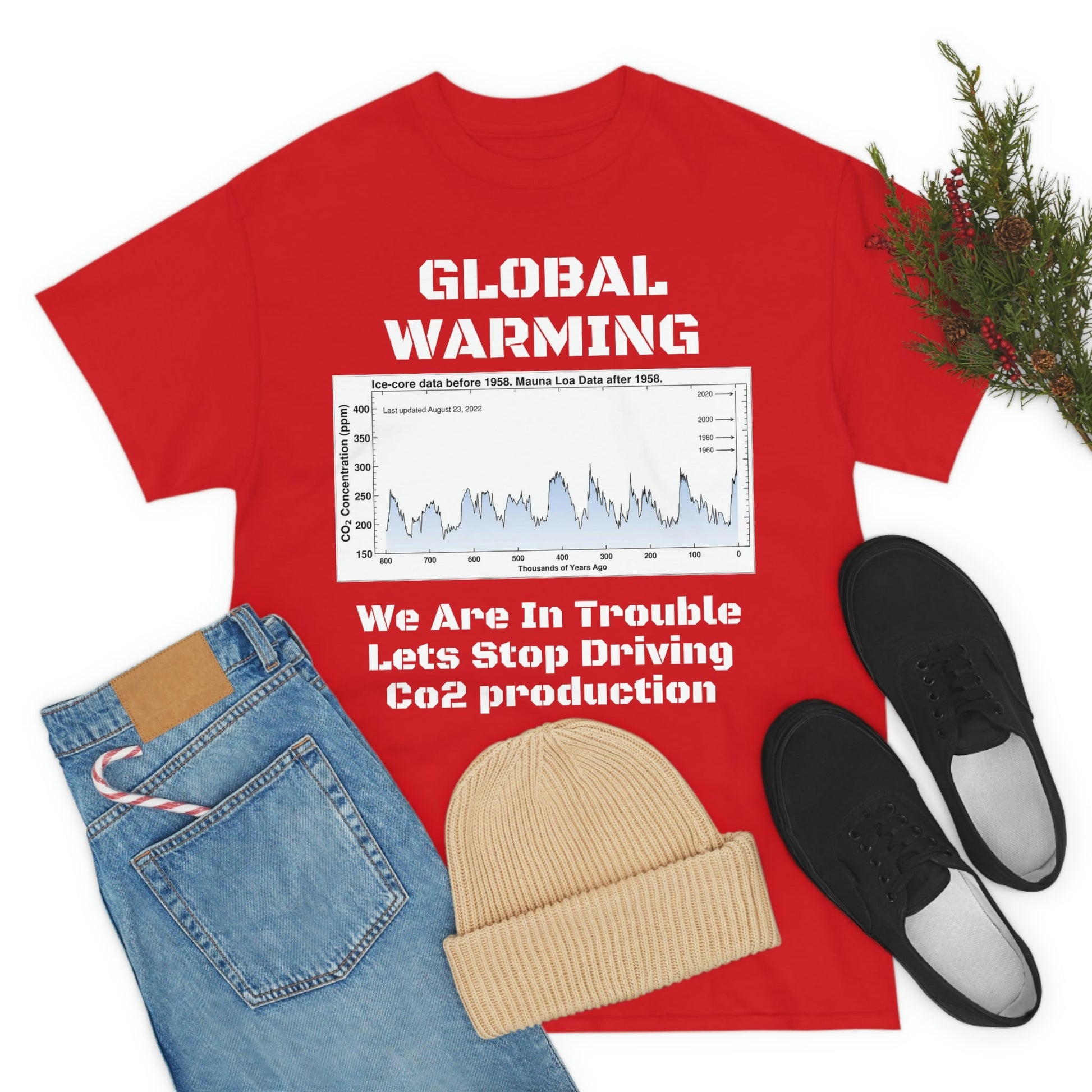 Global Warming - Unisex Heavy Cotton Tee - Quality Gildan 5000 - With Keeling CO2 Chart and Images of Weather Extremes - Lets Stop Driving - Green Forest Home