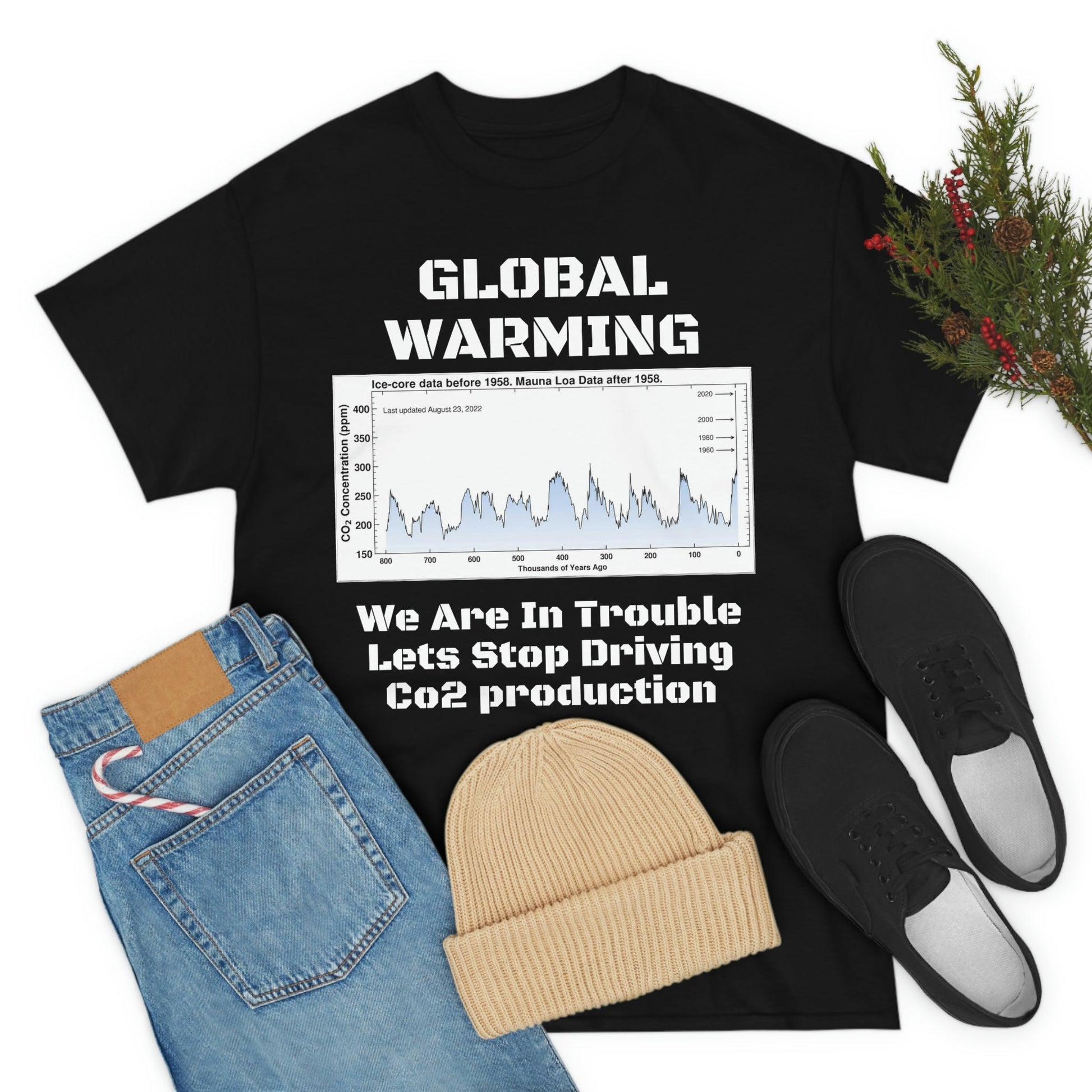 Global Warming - Unisex Heavy Cotton Tee - Quality Gildan 5000 - With Keeling CO2 Chart and Images of Weather Extremes - Lets Stop Driving - Green Forest Home