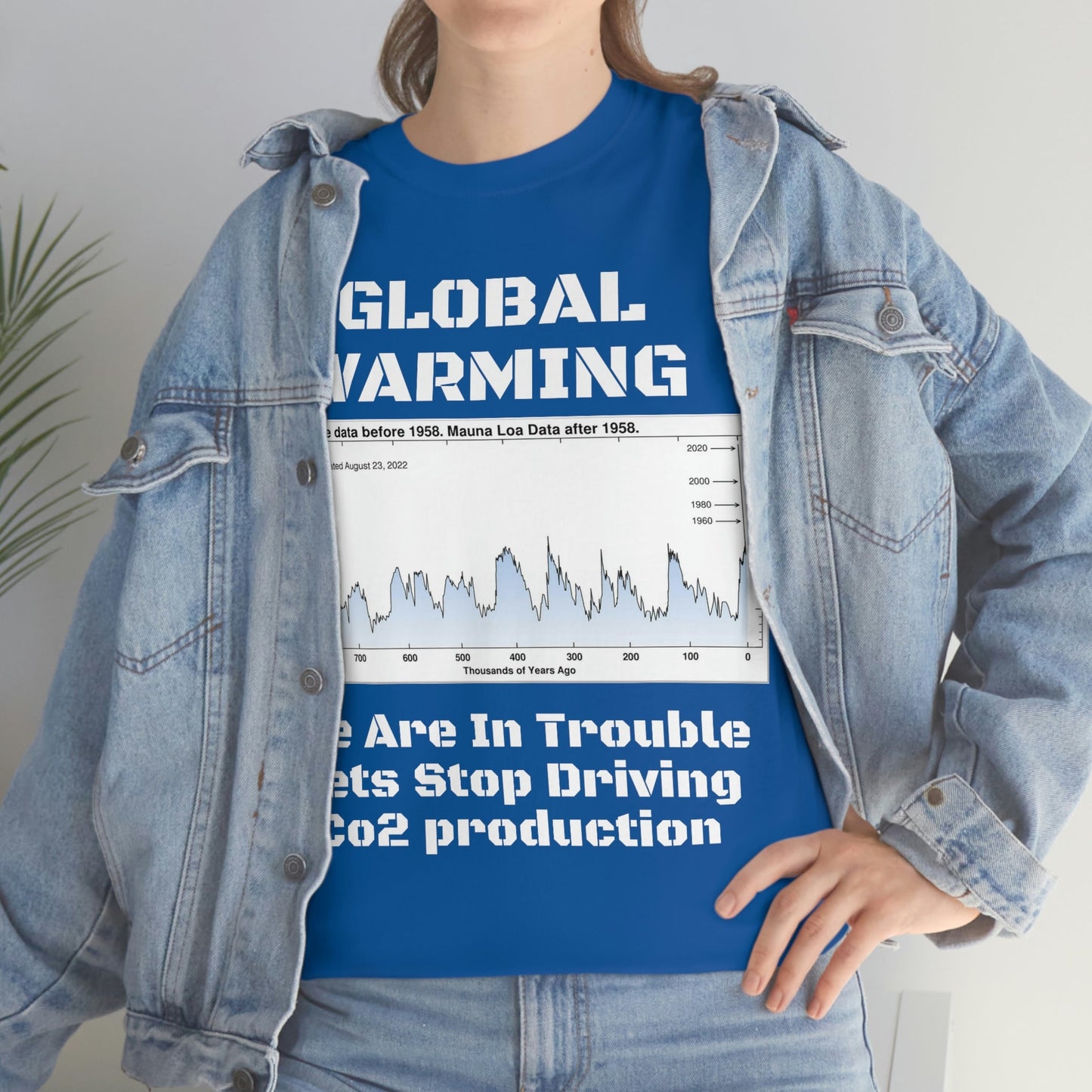 Global Warming - Unisex Heavy Cotton Tee - Quality Gildan 5000 - With Keeling CO2 Chart and Images of Weather Extremes - Lets Stop Driving - Green Forest Home