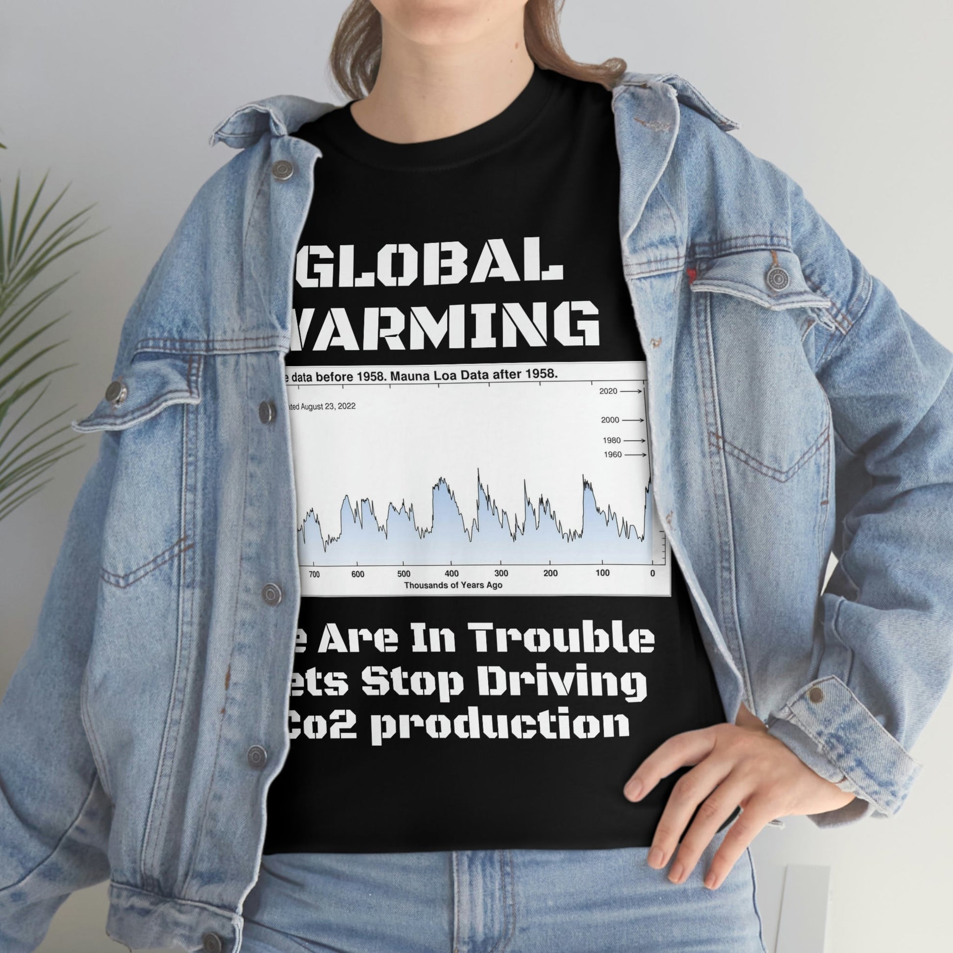 Global Warming - Unisex Heavy Cotton Tee - Quality Gildan 5000 - With Keeling CO2 Chart and Images of Weather Extremes - Lets Stop Driving - Green Forest Home