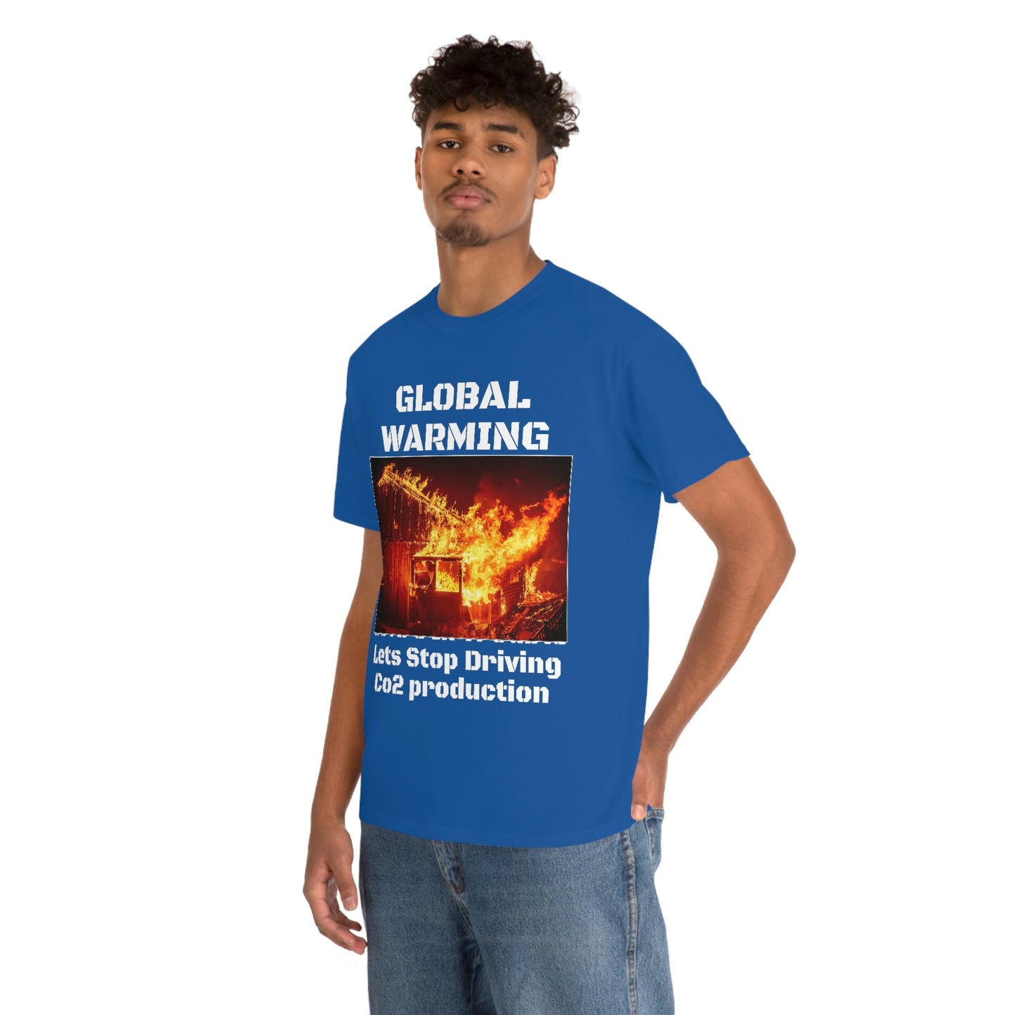 Global Warming - Unisex Heavy Cotton Tee - Quality Gildan 5000 - With Keeling CO2 Chart and Images of Weather Extremes - Lets Stop Driving - Green Forest Home