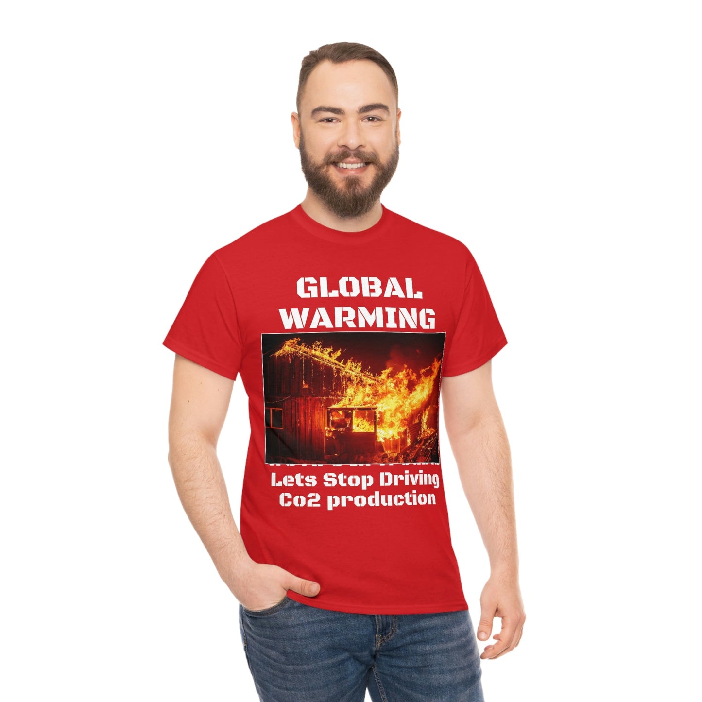 Global Warming - Unisex Heavy Cotton Tee - Quality Gildan 5000 - With Keeling CO2 Chart and Images of Weather Extremes - Lets Stop Driving - Green Forest Home