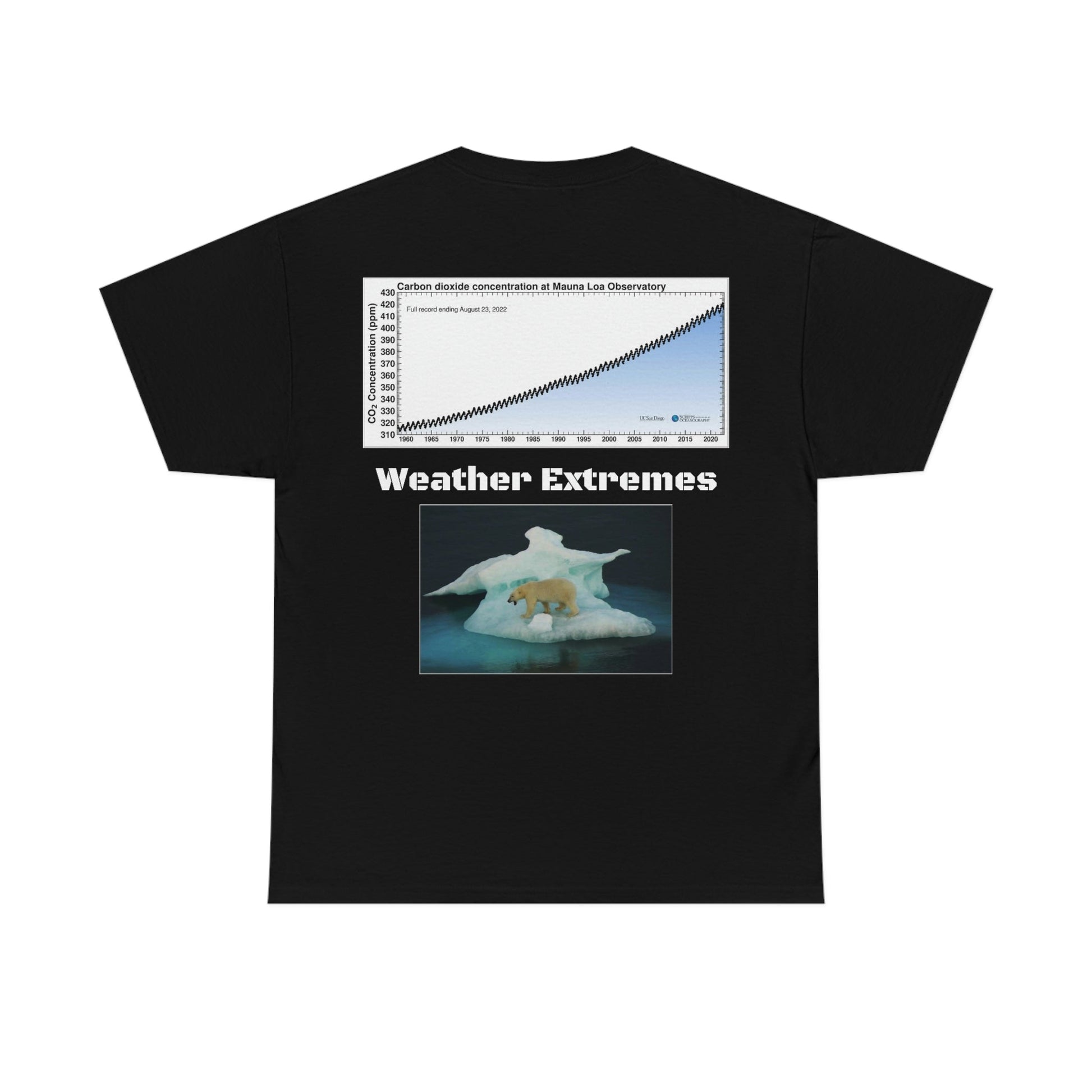 Global Warming - Unisex Heavy Cotton Tee - Quality Gildan 5000 - With Keeling CO2 Chart and Images of Weather Extremes - Lets Stop Driving - Green Forest Home