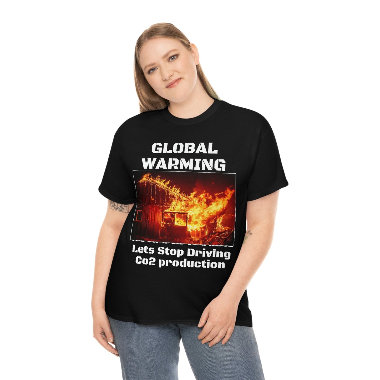 Global Warming - Unisex Heavy Cotton Tee - Quality Gildan 5000 - With Keeling CO2 Chart and Images of Weather Extremes - Lets Stop Driving - Green Forest Home