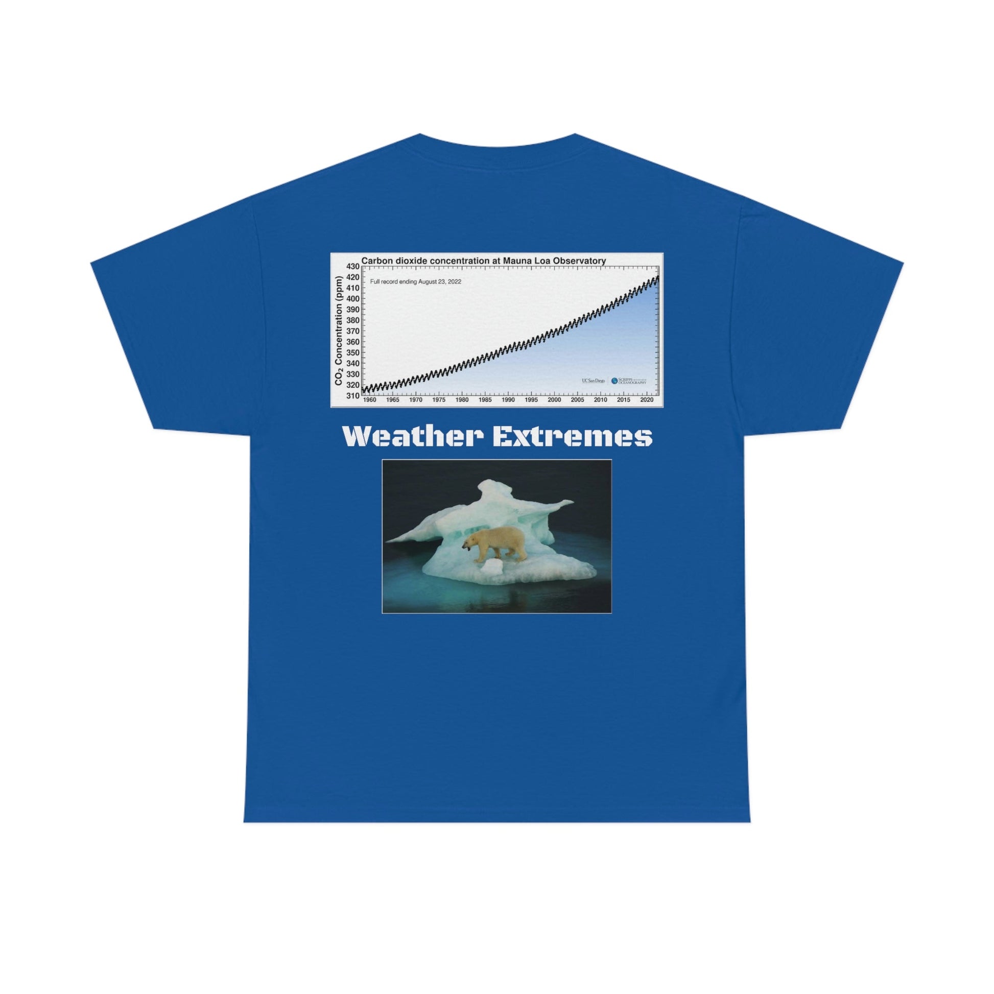 Global Warming - Unisex Heavy Cotton Tee - Quality Gildan 5000 - With Keeling CO2 Chart and Images of Weather Extremes - Lets Stop Driving - Green Forest Home