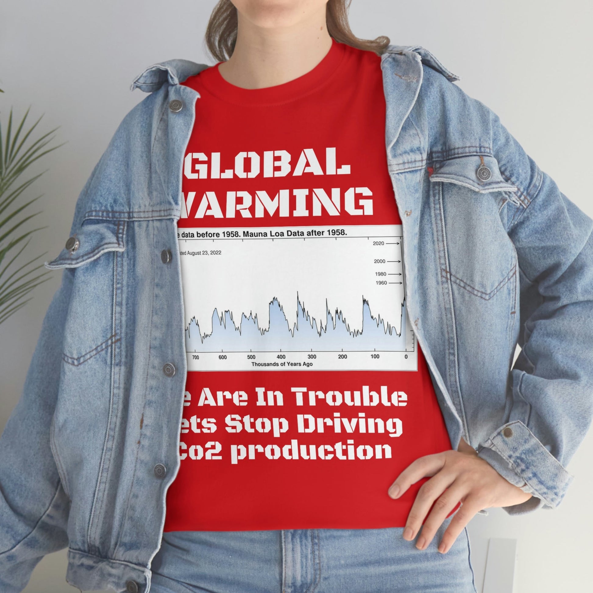 Global Warming - Unisex Heavy Cotton Tee - Quality Gildan 5000 - With Keeling CO2 Chart and Images of Weather Extremes - Lets Stop Driving - Green Forest Home