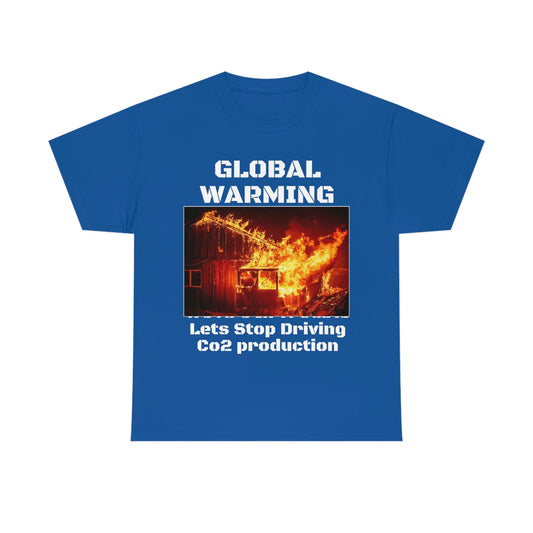 Global Warming - Unisex Heavy Cotton Tee - Quality Gildan 5000 - With Keeling CO2 Chart and Images of Weather Extremes - Lets Stop Driving - Green Forest Home