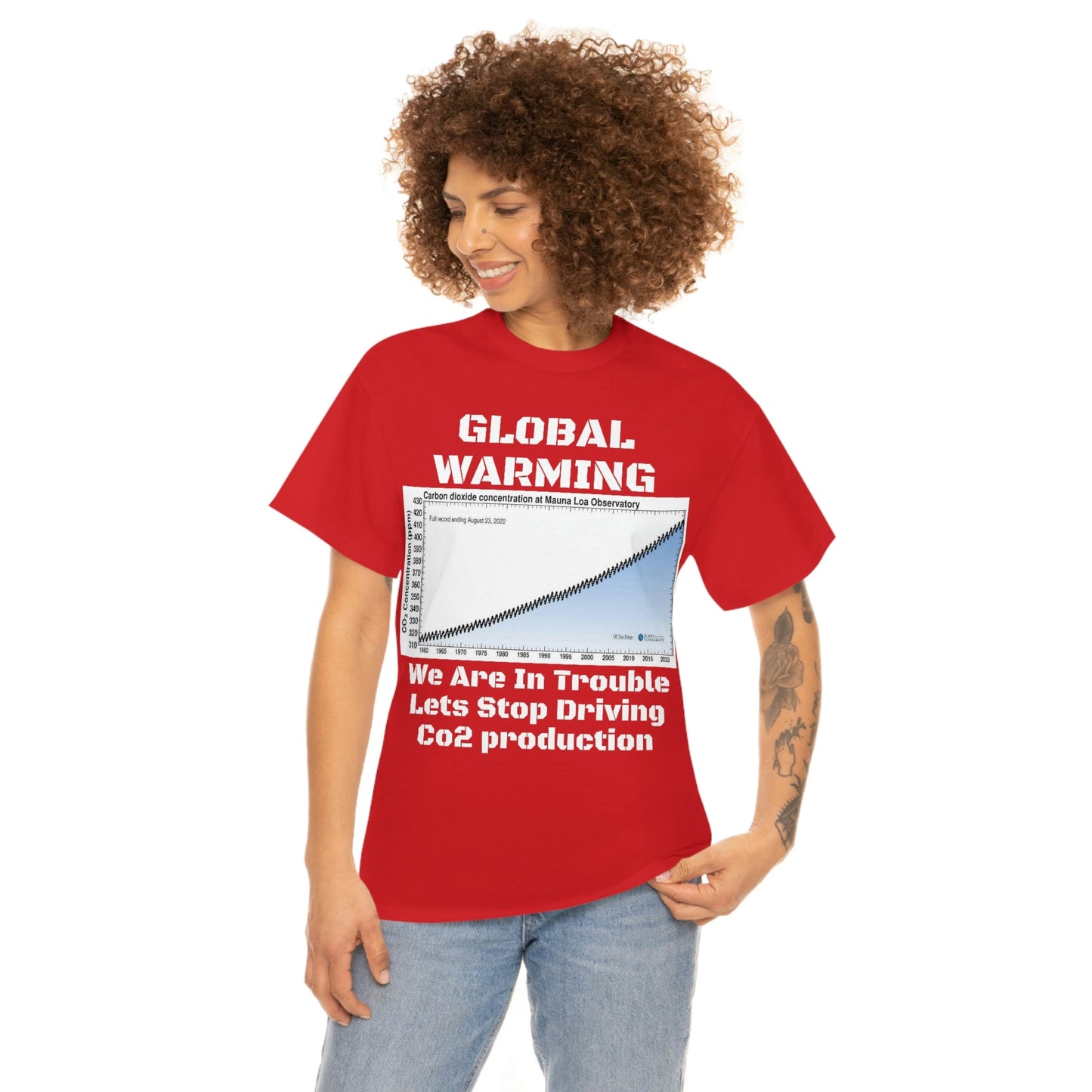 Global Warming - Unisex Heavy Cotton Tee - Quality Gildan 5000 - With Keeling CO2 Chart and Images of Weather Extremes - Lets Stop Driving - Green Forest Home