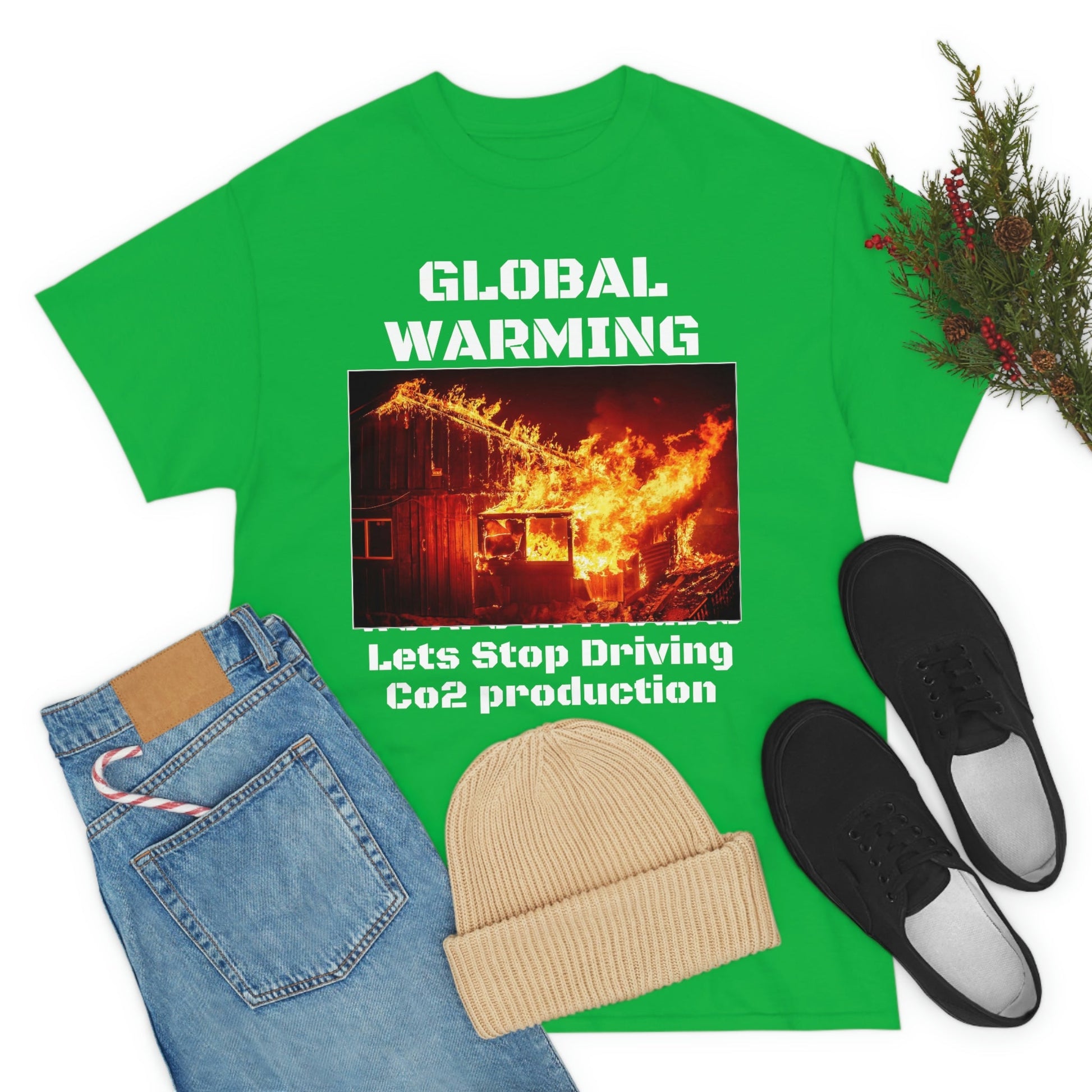 Global Warming - Unisex Heavy Cotton Tee - Quality Gildan 5000 - With Keeling CO2 Chart and Images of Weather Extremes - Lets Stop Driving - Green Forest Home