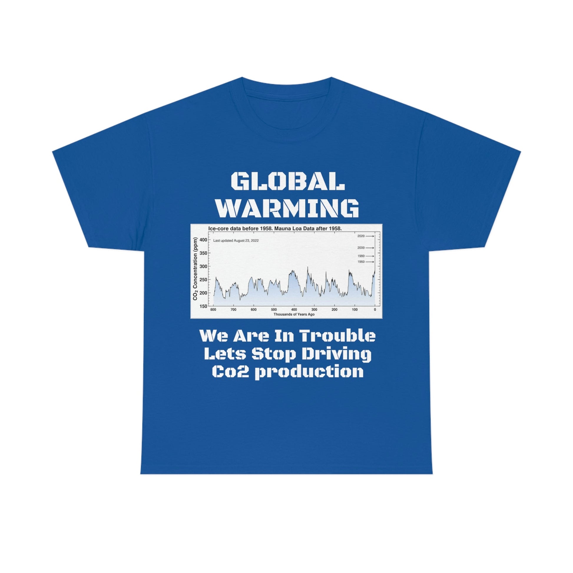 Global Warming - Unisex Heavy Cotton Tee - Quality Gildan 5000 - With Keeling CO2 Chart and Images of Weather Extremes - Lets Stop Driving - Green Forest Home