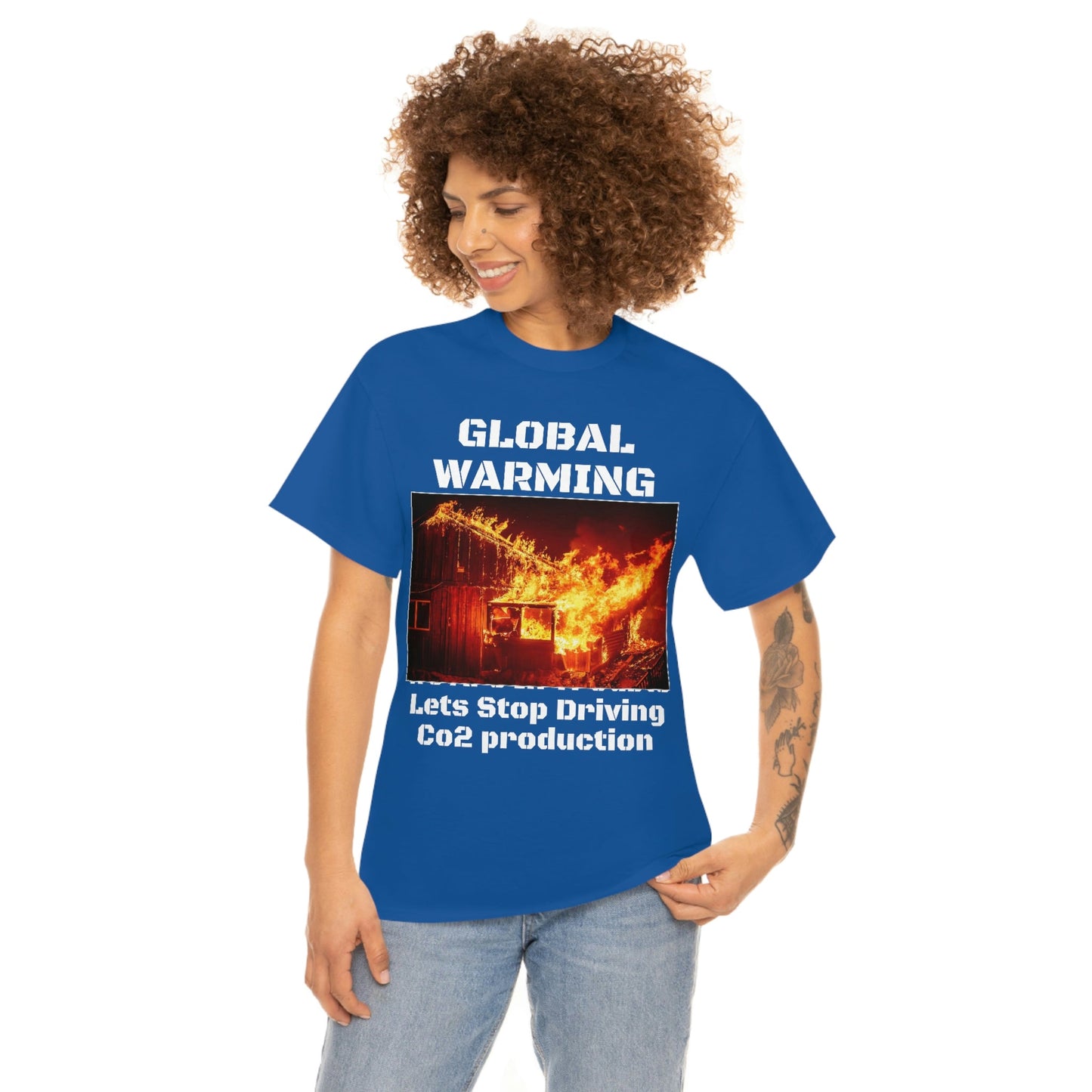 Global Warming - Unisex Heavy Cotton Tee - Quality Gildan 5000 - With Keeling CO2 Chart and Images of Weather Extremes - Lets Stop Driving - Green Forest Home