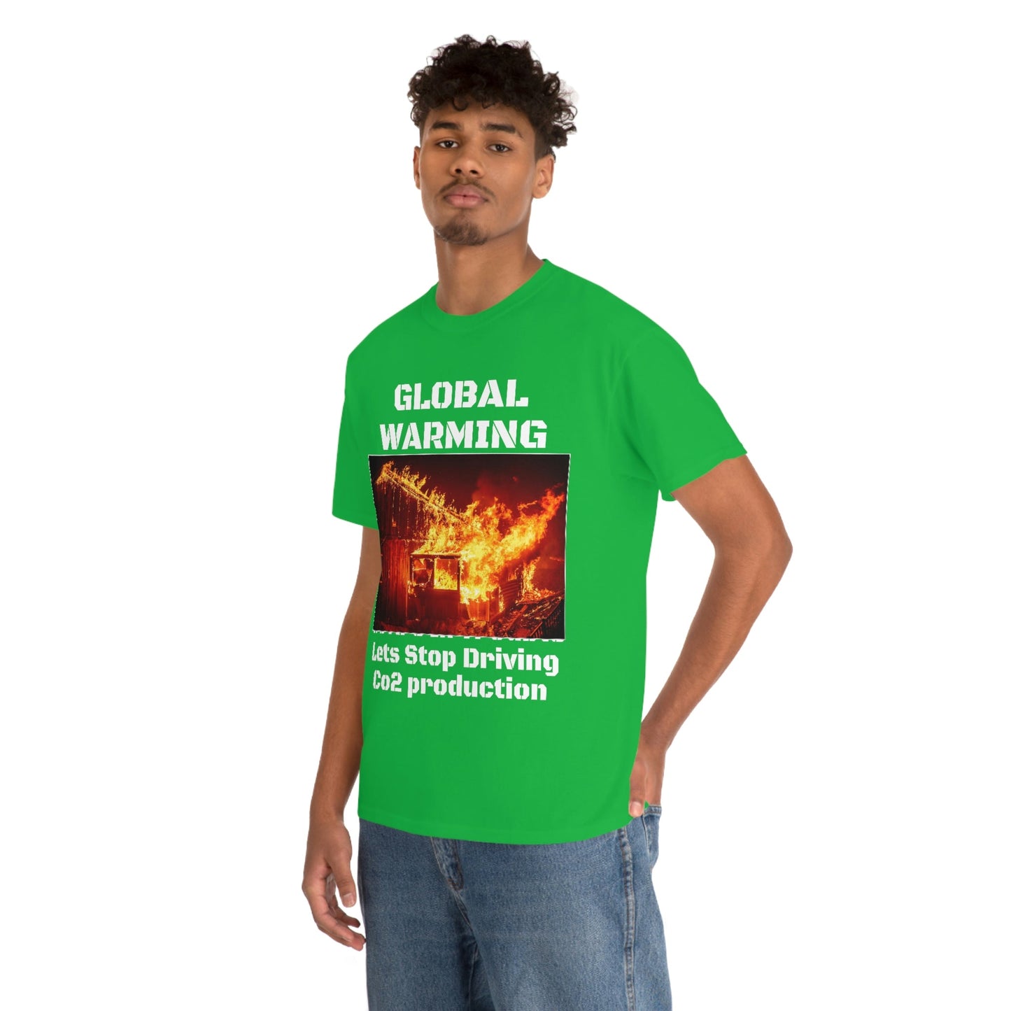 Global Warming - Unisex Heavy Cotton Tee - Quality Gildan 5000 - With Keeling CO2 Chart and Images of Weather Extremes - Lets Stop Driving - Green Forest Home