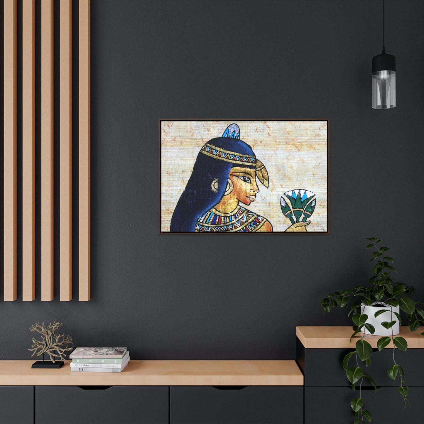 Horizontal Framed Premium Gallery Wrap Canvas - Beautiful Painting on Papyrus - Egypt - Ancient religions - Green Forest Home