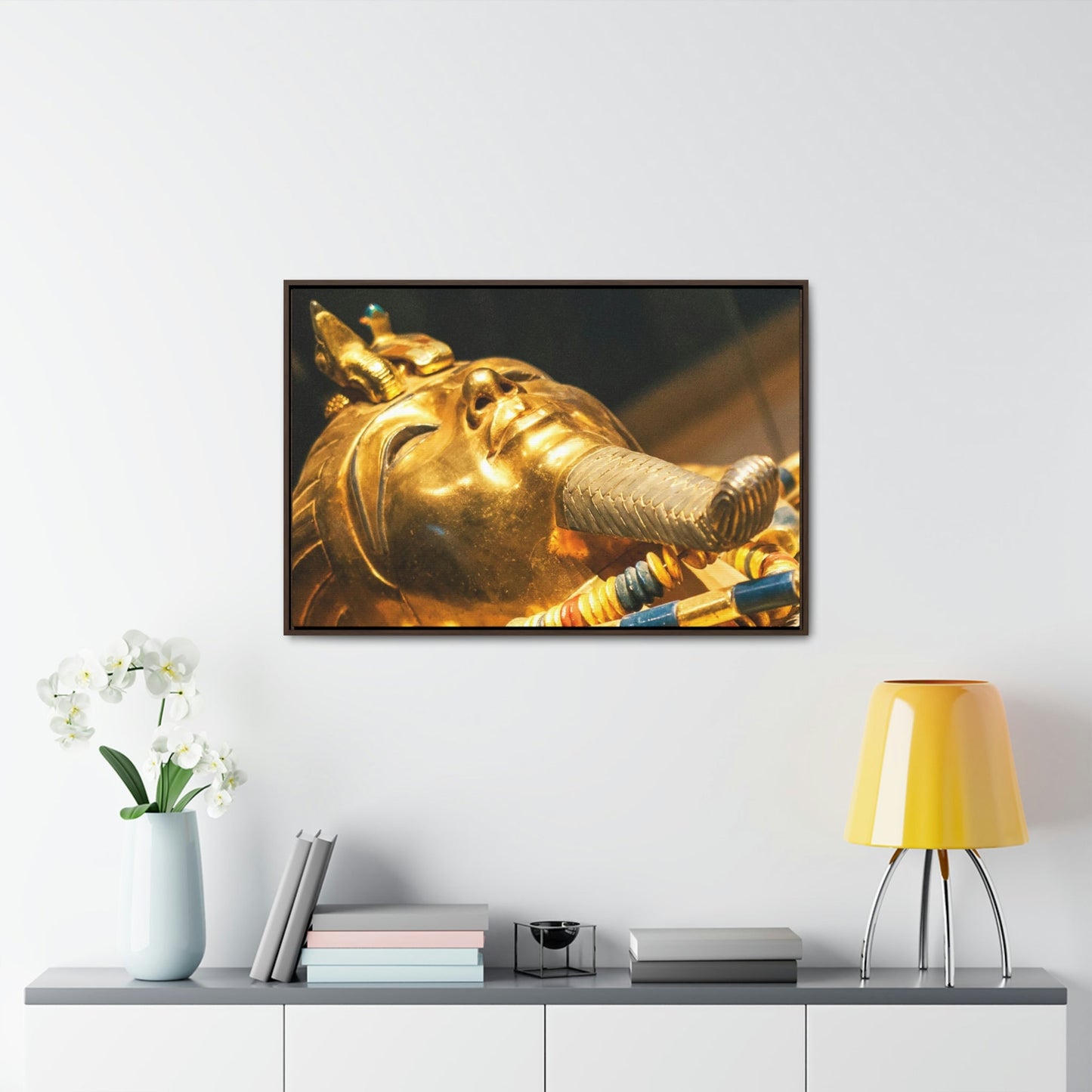 Horizontal Framed Premium Gallery Wrap Canvas - Original gold mask of the pharaoh in museum in Cairo - Egypt - Ancient religions - Green Forest Home