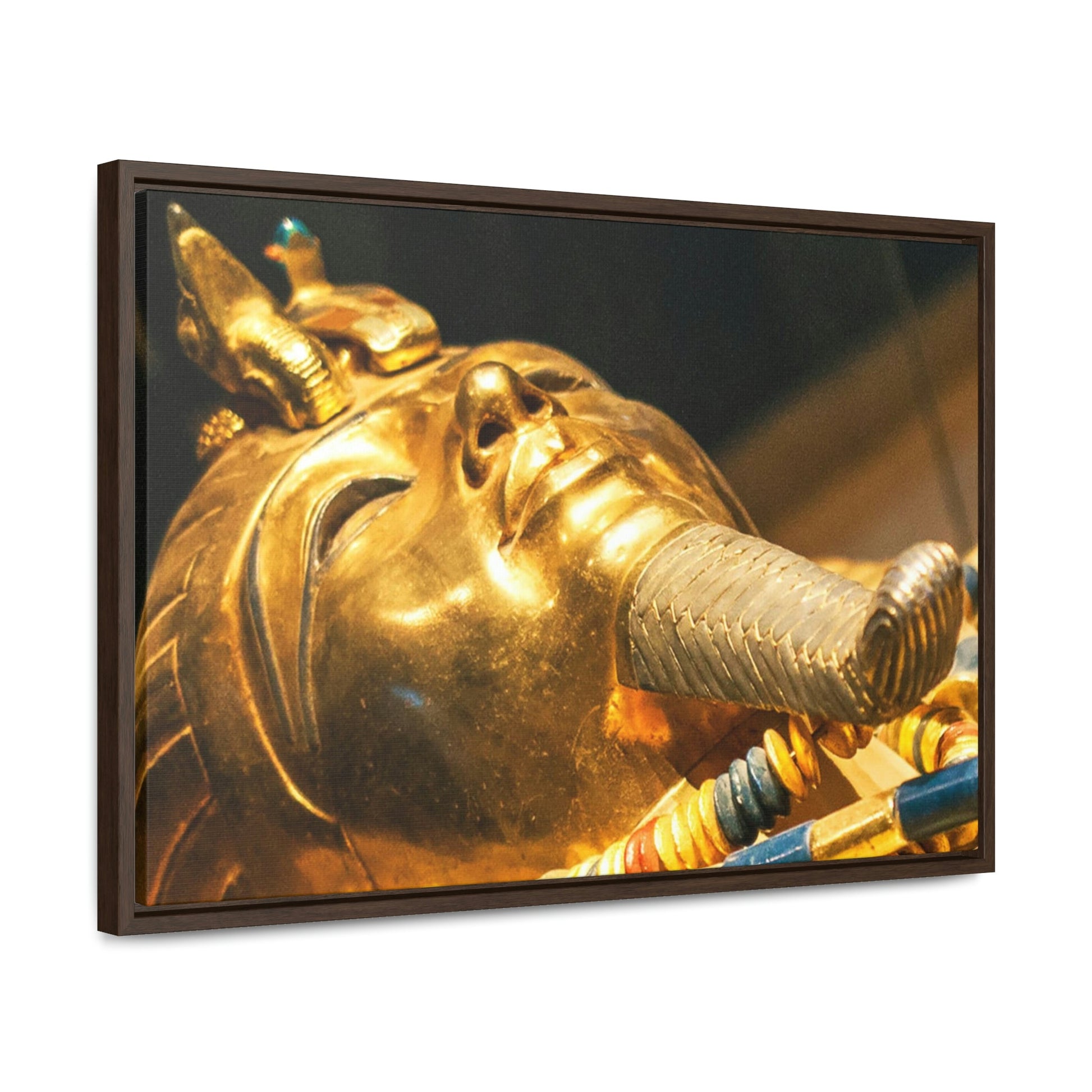 Horizontal Framed Premium Gallery Wrap Canvas - Original gold mask of the pharaoh in museum in Cairo - Egypt - Ancient religions - Green Forest Home