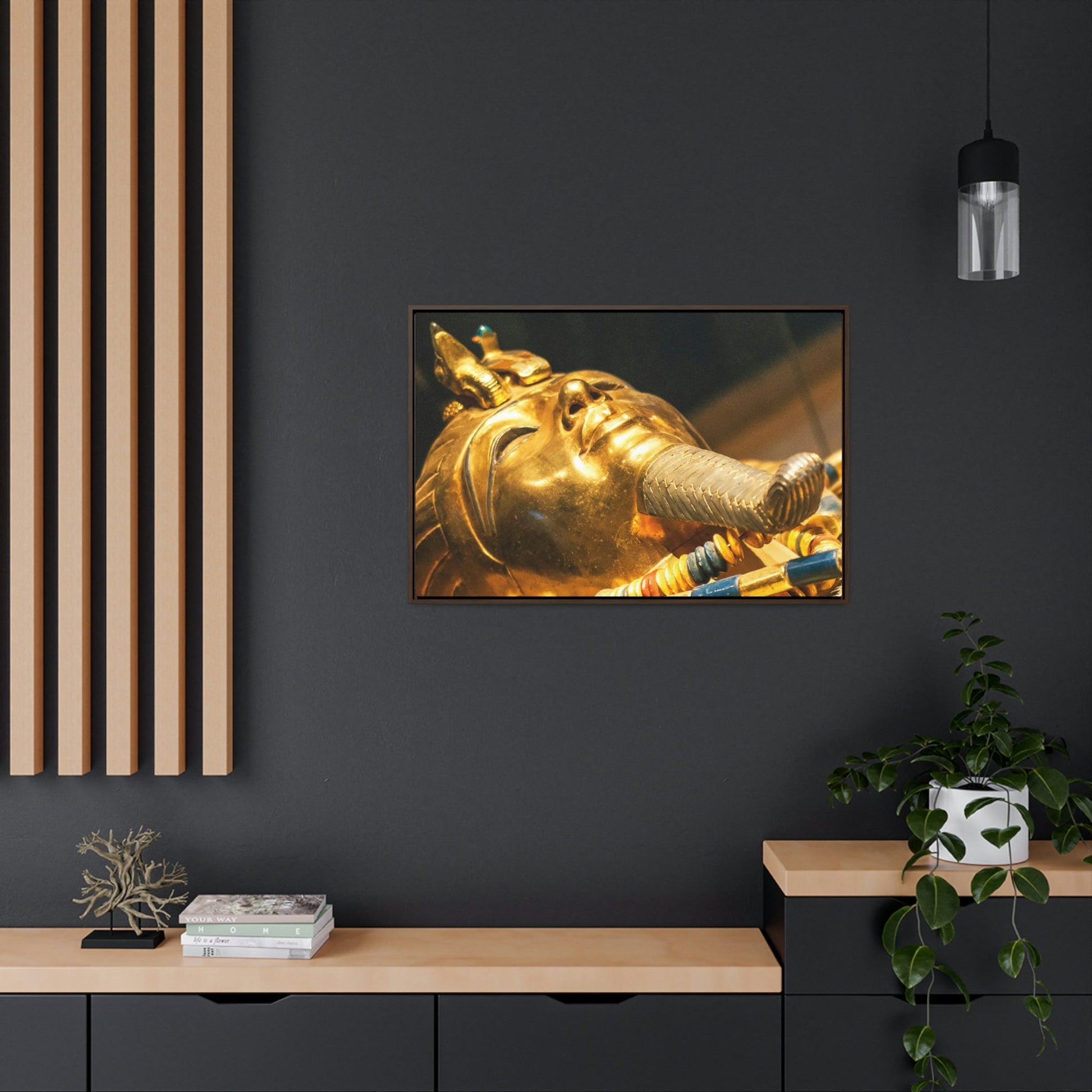 Horizontal Framed Premium Gallery Wrap Canvas - Original gold mask of the pharaoh in museum in Cairo - Egypt - Ancient religions - Green Forest Home