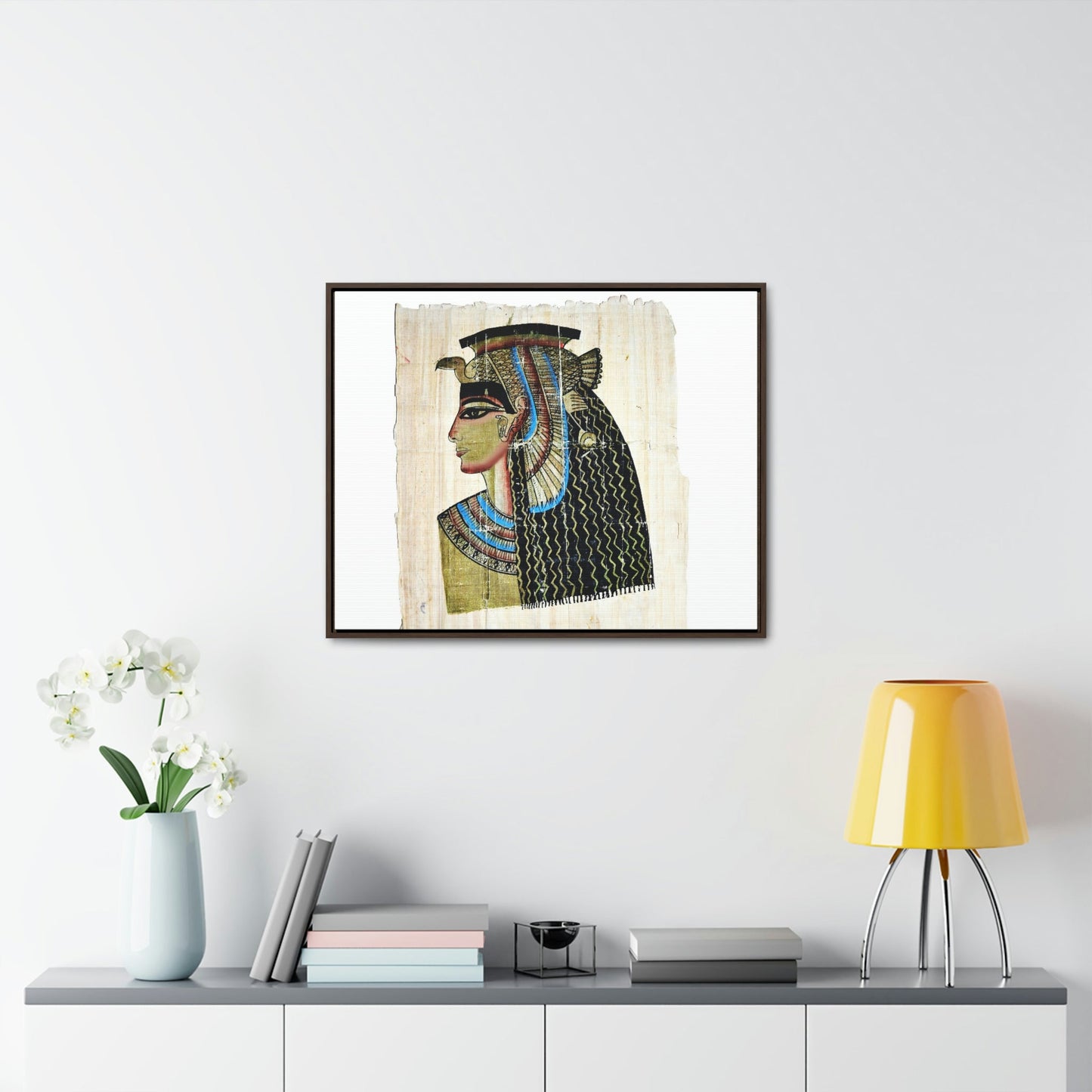 Horizontal Framed Premium Gallery Wrap Canvas - Queen Cleopatra on Egyptian Papyrus - Egypt - Ancient religions - Green Forest Home