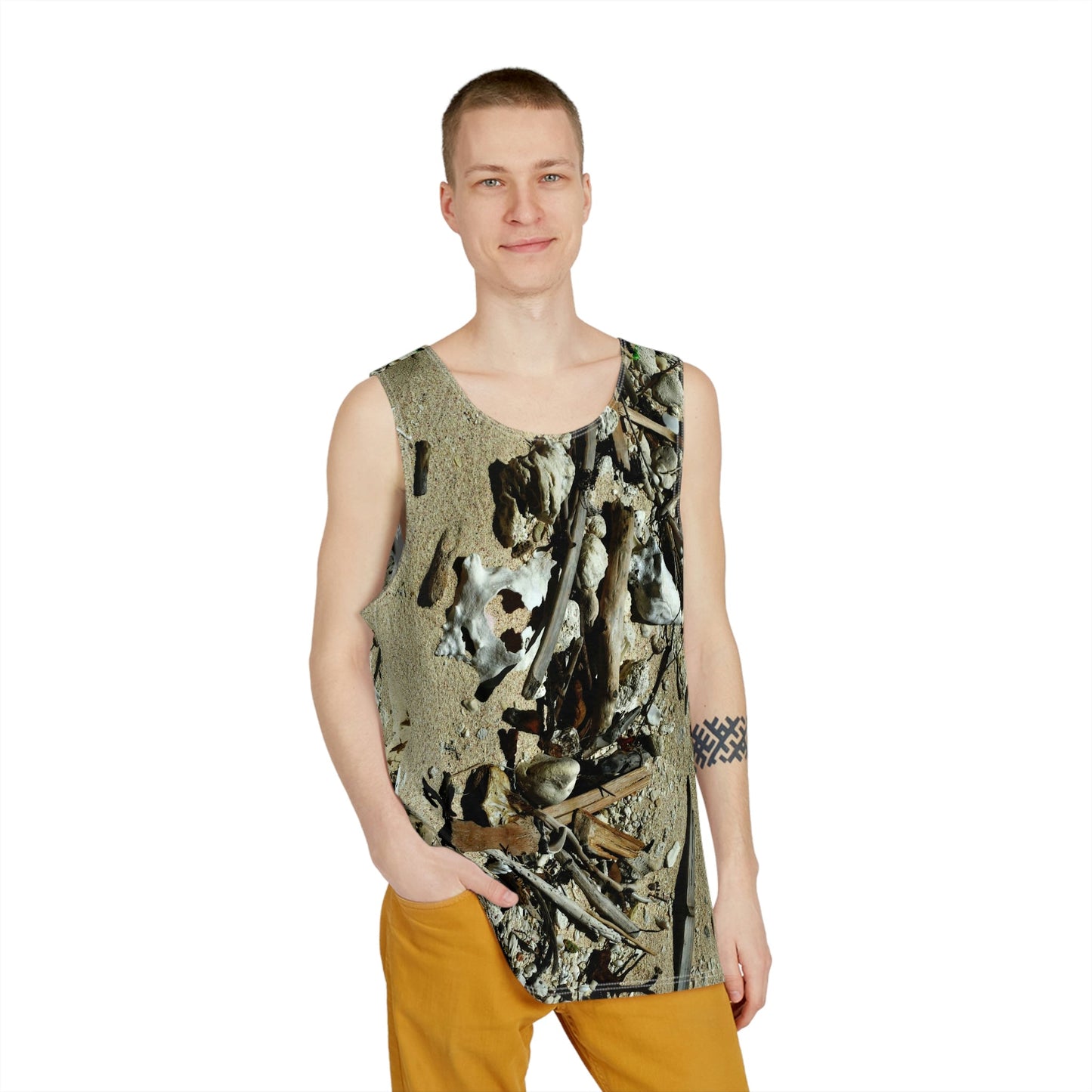 Men's All Over Print Tank (AOP) - Pristine Mona Island Puerto Rico - what got washed in the tides - seashells etc. - Green Forest Home