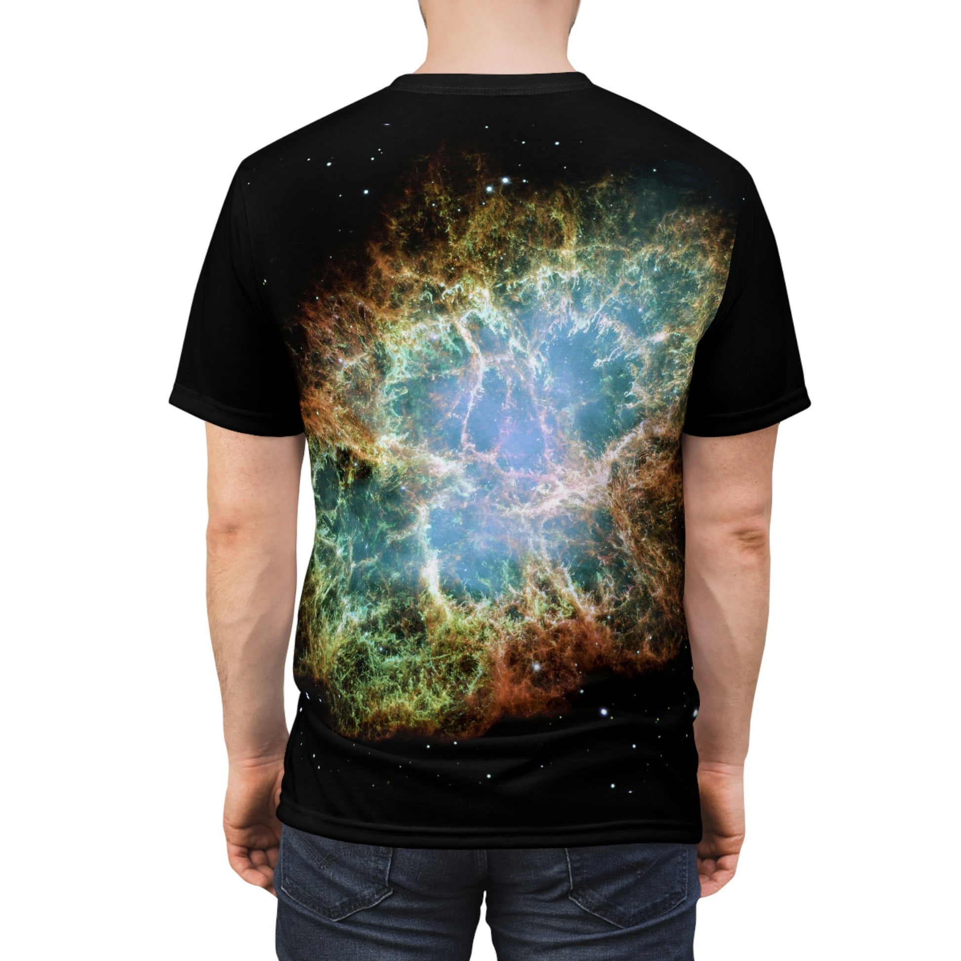 MIND BLOWING STAR MARVELS: Unisex AOP Cut & Sew Tee - Supernova Crab Nebula - NASA HUBBLE space telescope - Green Forest Home