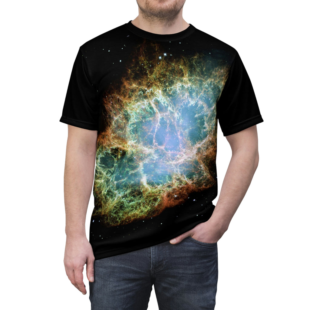 MIND BLOWING STAR MARVELS: Unisex AOP Cut & Sew Tee - Supernova Crab Nebula - NASA HUBBLE space telescope - Green Forest Home