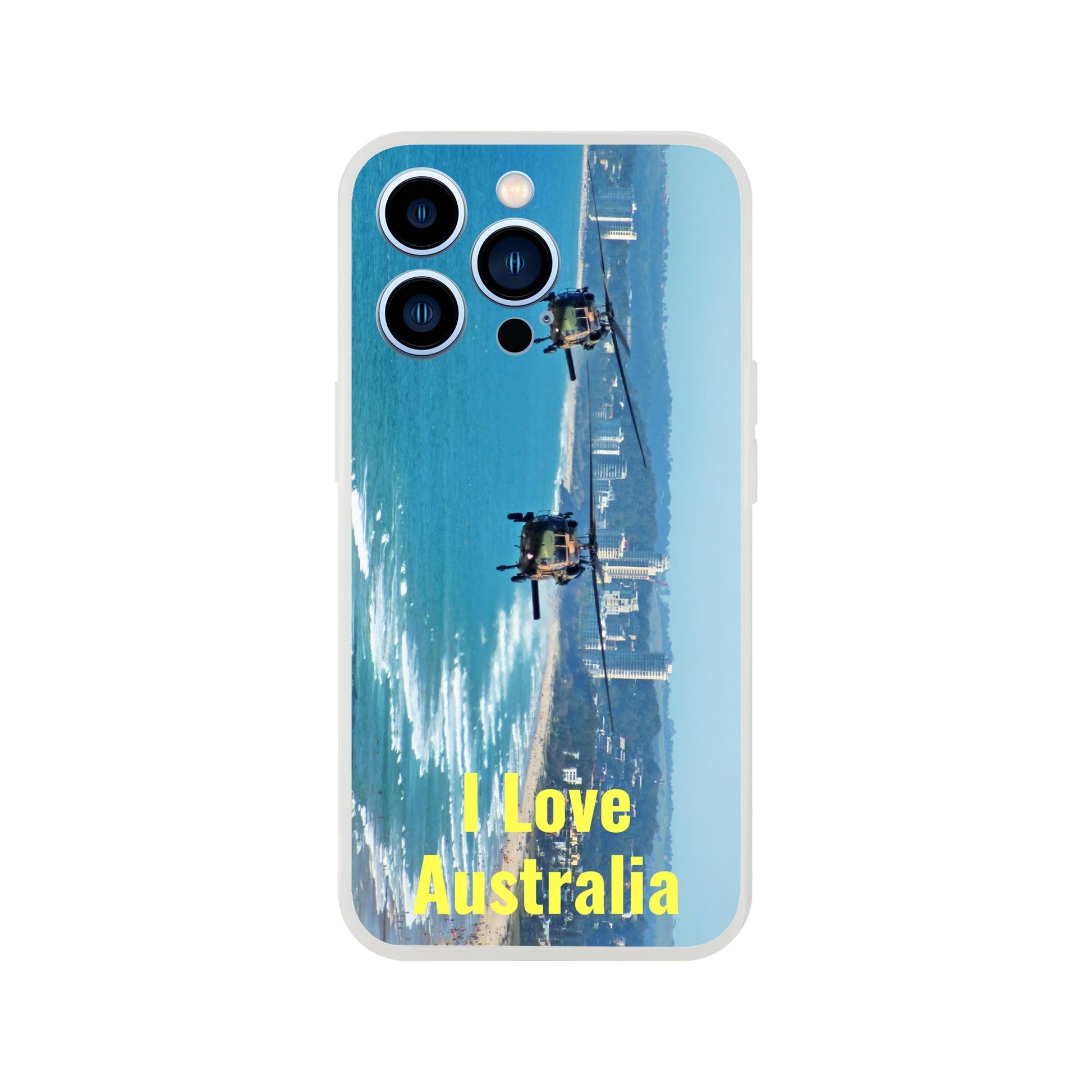 New iPhone Deals - 14x and 13x Apple iPhones - FLEXI case - Australia Beach & Black Hawks - 'I Love Australia' Message - Green Forest Home