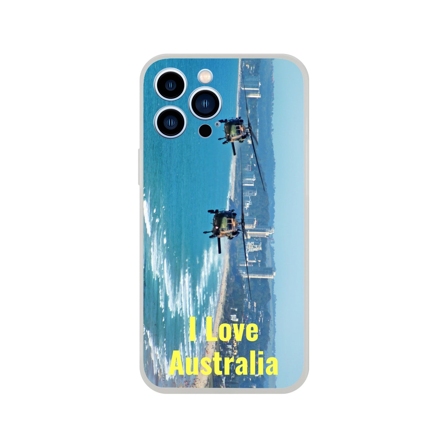 New iPhone Deals - 14x and 13x Apple iPhones - FLEXI case - Australia Beach & Black Hawks - 'I Love Australia' Message - Green Forest Home