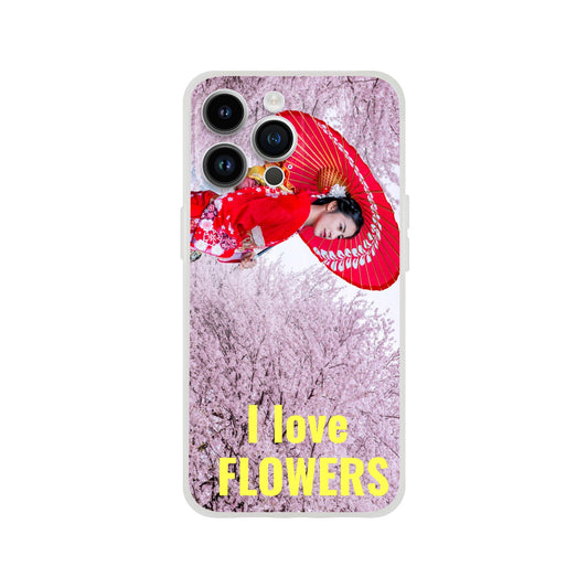 New iPhone Deals - 14x and 13x Apple iPhones - FLEXI case - Japan Cherry Blossom - 'I Love Flowers' Message - Green Forest Home