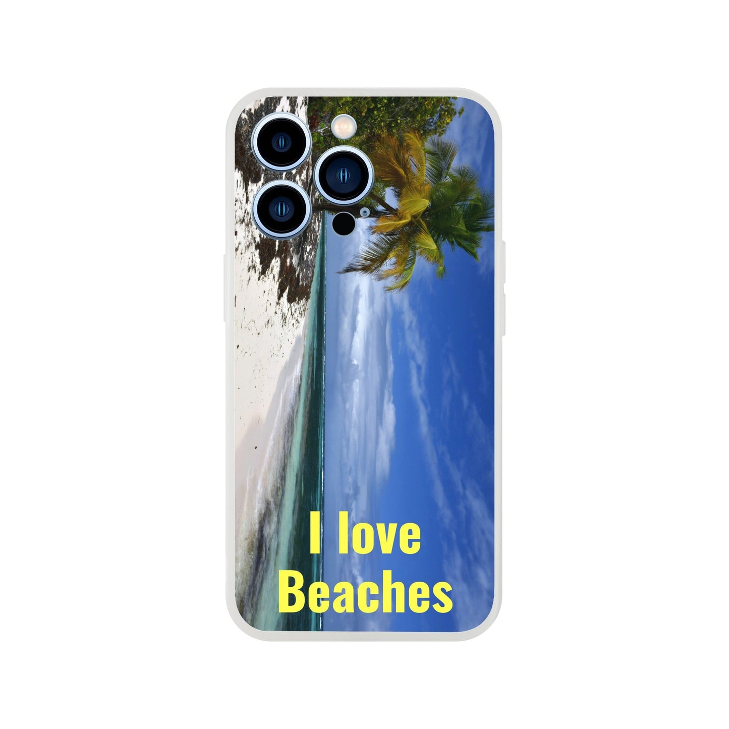 New iPhone Deals - 14x and 13x Apple iPhones - FLEXI case - Mona Island PR beach - 'I Love Beaches' Message - Green Forest Home