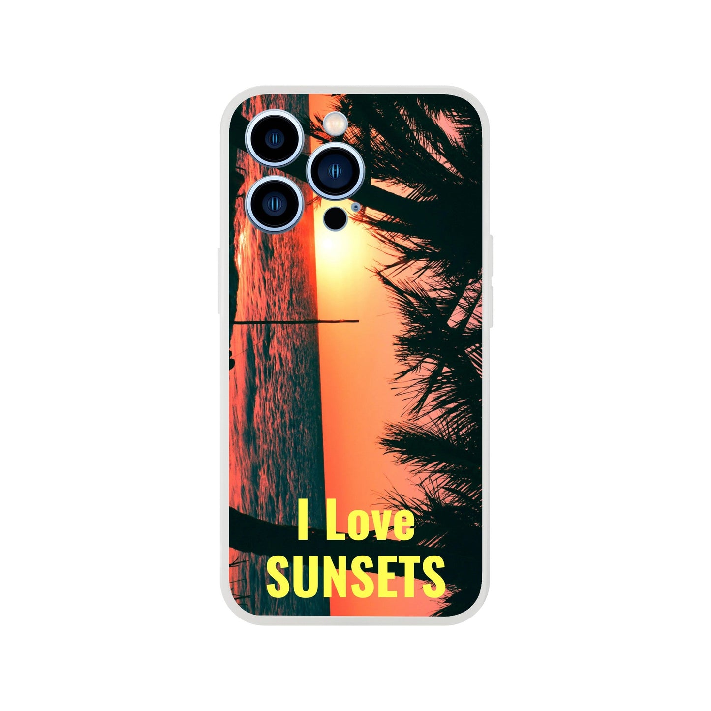 New iPhone Deals - 14x and 13x Apple iPhones - FLEXI case -Mona Island PR beach - 'I Love Sunsets' Message - Green Forest Home