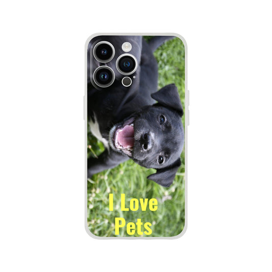 New iPhone Deals - 14x and 13x Apple iPhones - FLEXI case - Puppy in Puerto Rico - 'I Love Pets' Message - Green Forest Home