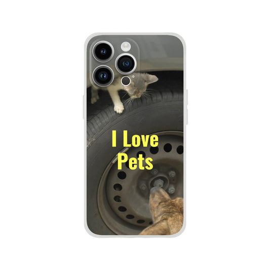 New iPhone Deals - 14x and 13x Apple iPhones - FLEXI case - The baby cat named 'Tiger' hides in a Tire from the dog - 'I love Pets' message - Green Forest Home