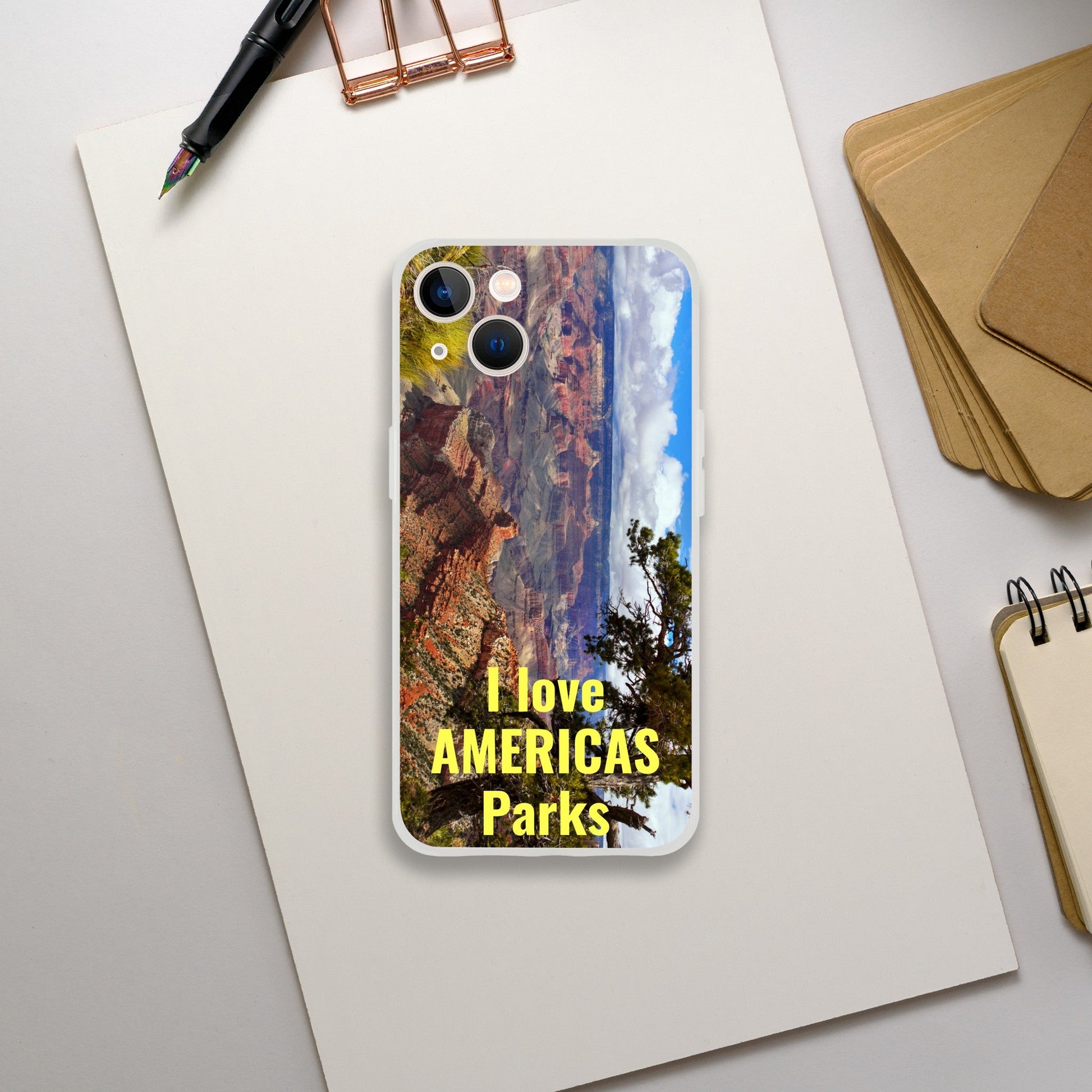 New iPhone Deals - 14x and 13x Apple iPhones - FLEXI case -The Grand Canyon - 'I Love AMERICAS Parks' message - Green Forest Home