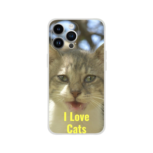 New iPhone Deals - 14x and 13x Apple iPhones - FLEXI case - The wild cat named 'Tiger' in a tree branch - 'I love Cats' message - Green Forest Home