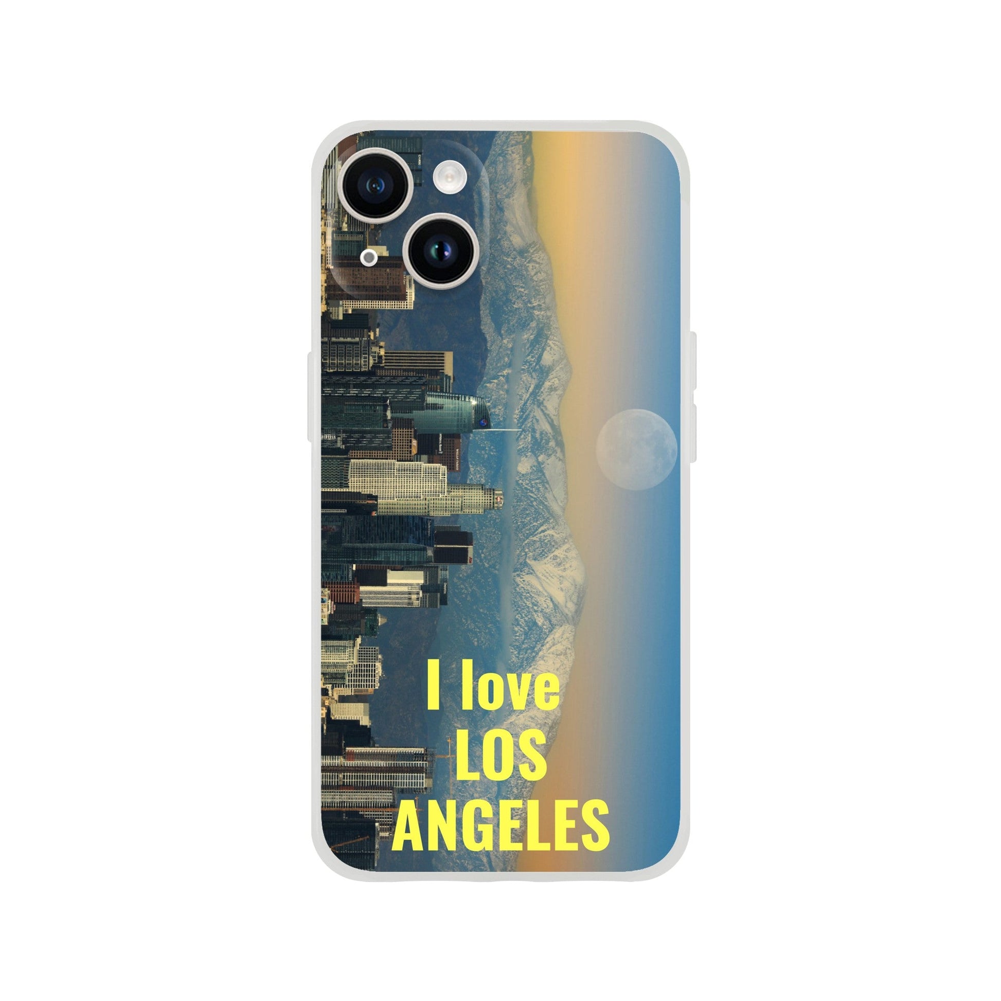 New iPhone Deals - 14x and 13x Apple iPhones - FLEXI case - View with Moon of LA CA - 'I Love Los Angeles' message - Green Forest Home